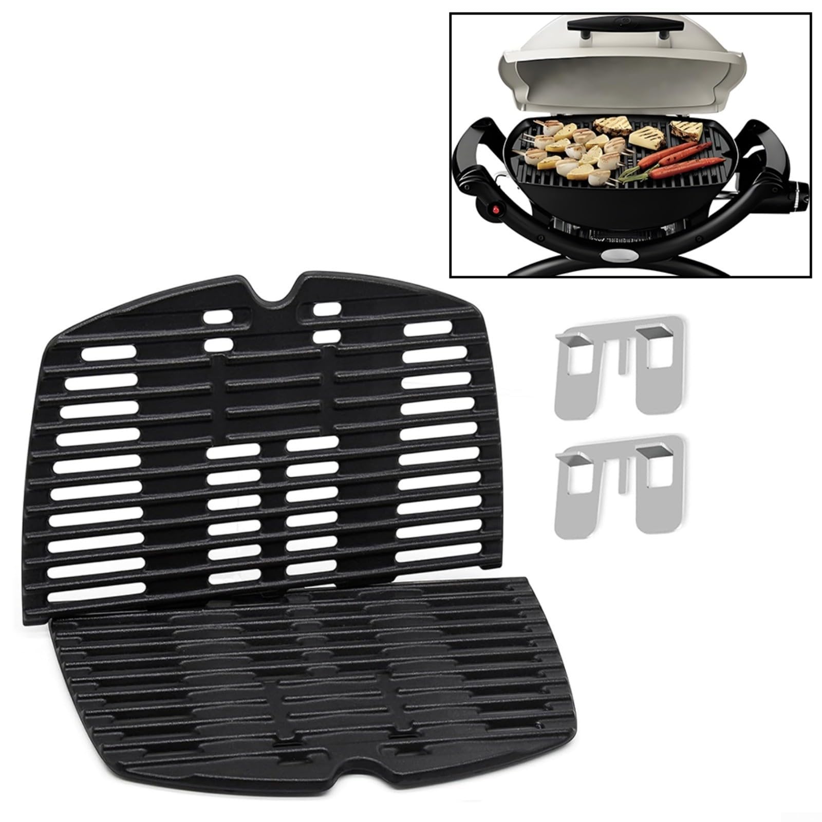 Set di griglie in ghisa per Weber Q100 Q1000 Q1200, 43 x 32 cm, griglie antiaderenti nere per cucinare all'aperto, confezione da 2