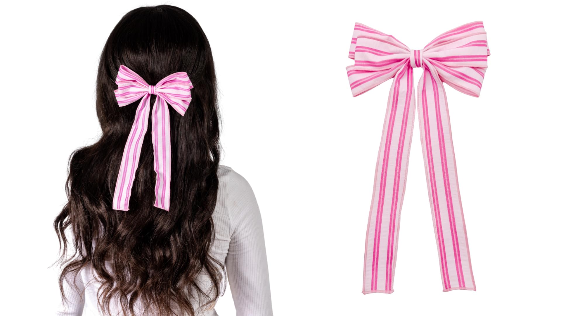 Bellefixe Bow Clip for Women and Girls | Fashion Bow Clip for Thin and Thick Hair (Pink Stripe, Medium)