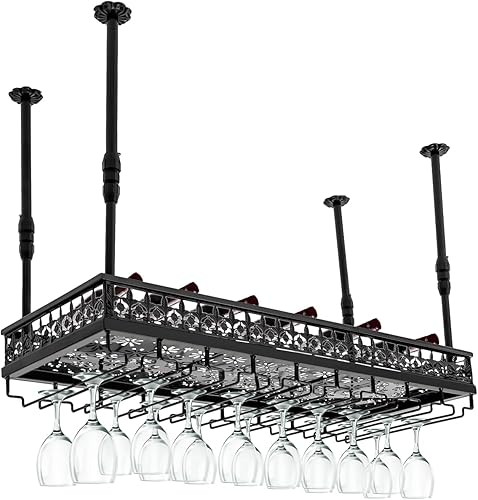 Miniatura 10 de Estante vintage para copas de vino, altura ajustable de 13.77 a 21.65 pulgadas, para colgar en el techo, soporte para botellas de vino, estante