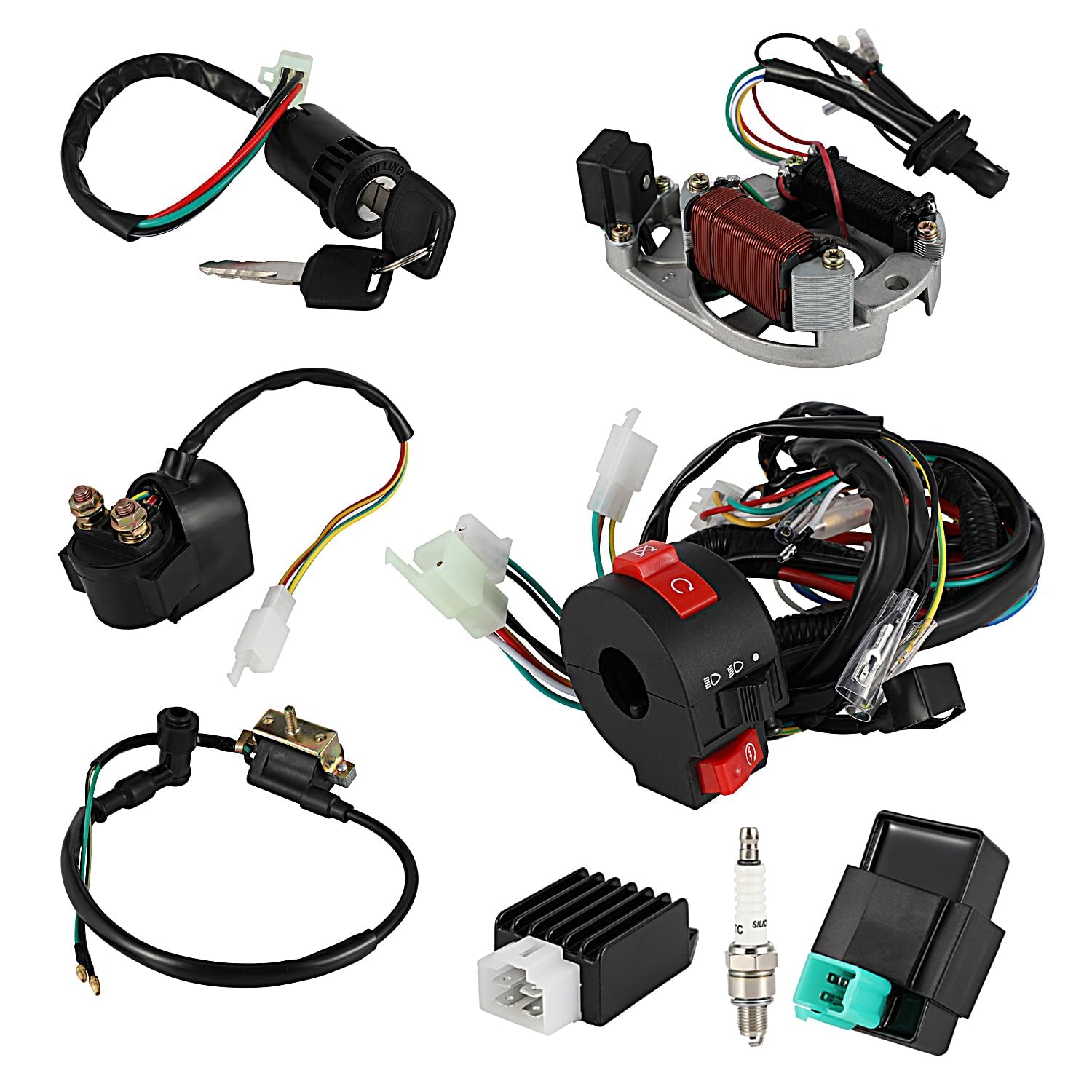 Arnés de cableado eléctrico Relé Estator Bobina CDI Solenoide Bujía para 50cc 70cc 80cc 90cc 100cc 110cc 125cc EXC RM TTR SX PW CRF ATV Quad KLX Pit Bike Scooter