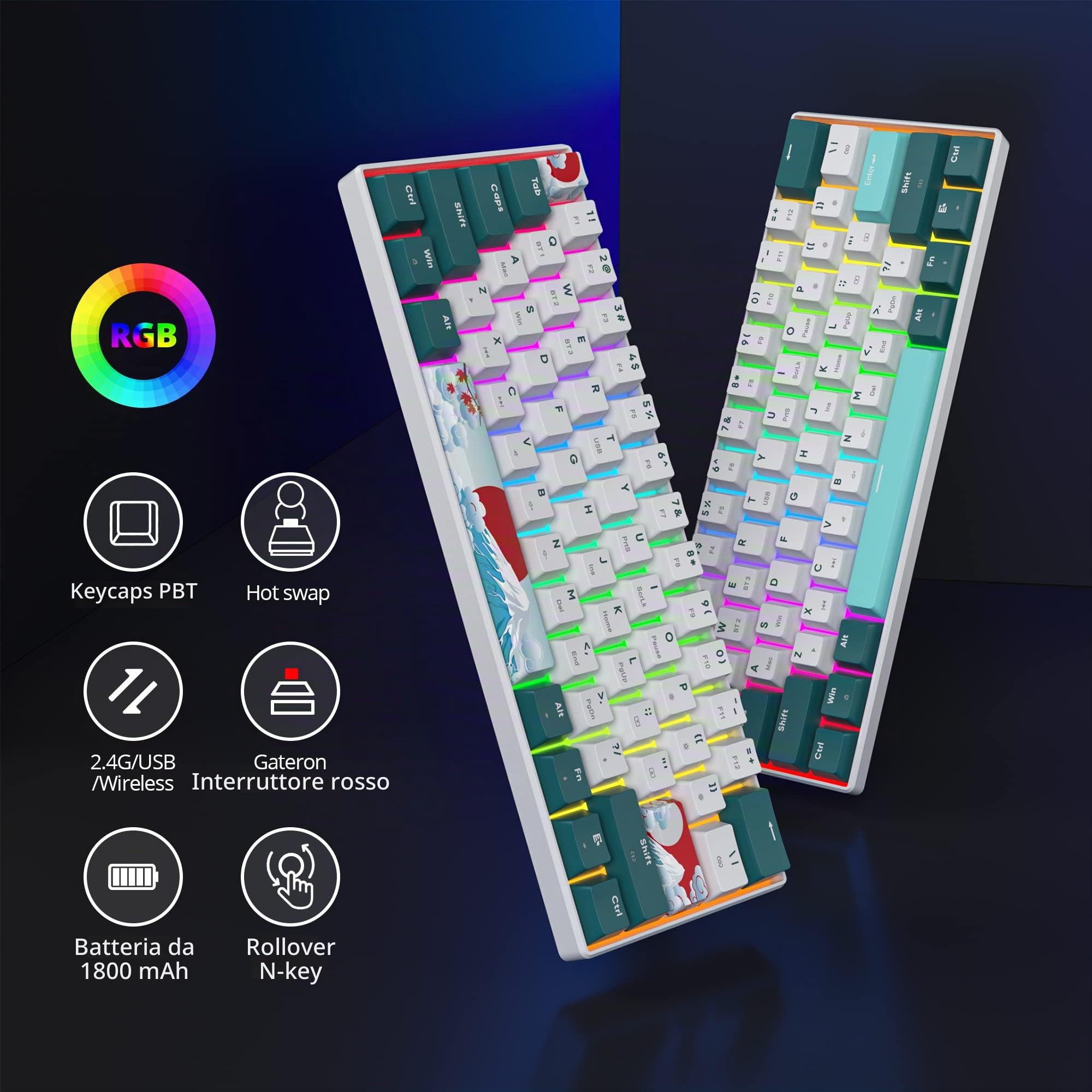 SOLIDEE 60% tastiera meccanica RGB cablata/bluetooth 5.0 tastiera a doppia modalità,tastiera da gioco meccanica retroilluminazione RGB,61 tastie hot swappable keyboard gateron red per PC(GT61 Forest)