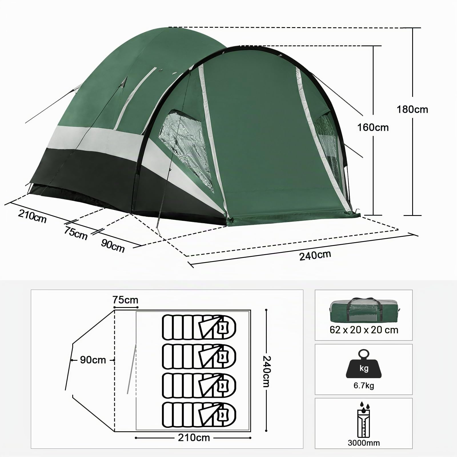 Portal Tienda de campaña para 4 personas, 180 cm, altura de pie, alta, camping, XXL, puerta lateral, ventana, 3-4 temporadas, 3000 mm, resistente al agua, exteriores