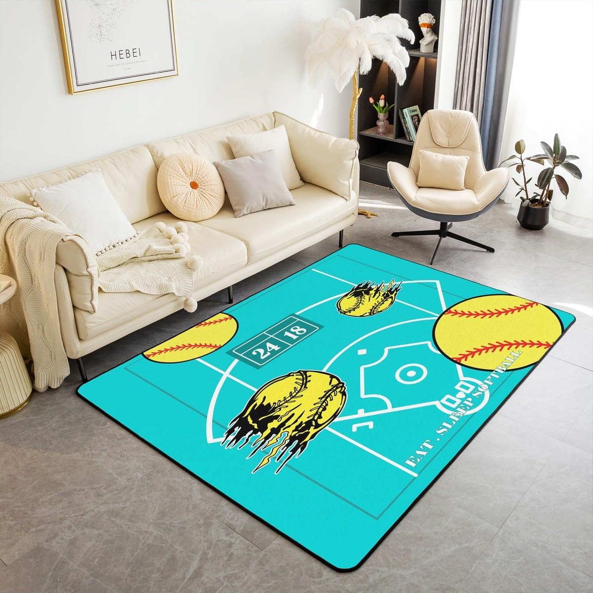 Feelyou Football Area Rug 5x7 Football Field Living Room Rugs for Boys Girls Children Rugby Games Blue Decorative Carpet Indoor Floor Mat