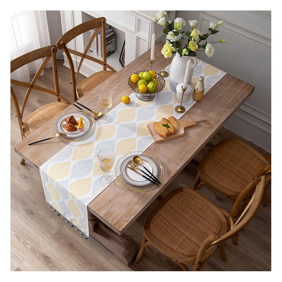 NIUSABOU Kitchen Dining TableDecoration, Table Runner With Tassel Leaf Pattern Multicolor 32x140-300cm(Yellow,32x200CM (12.5x78.7in))