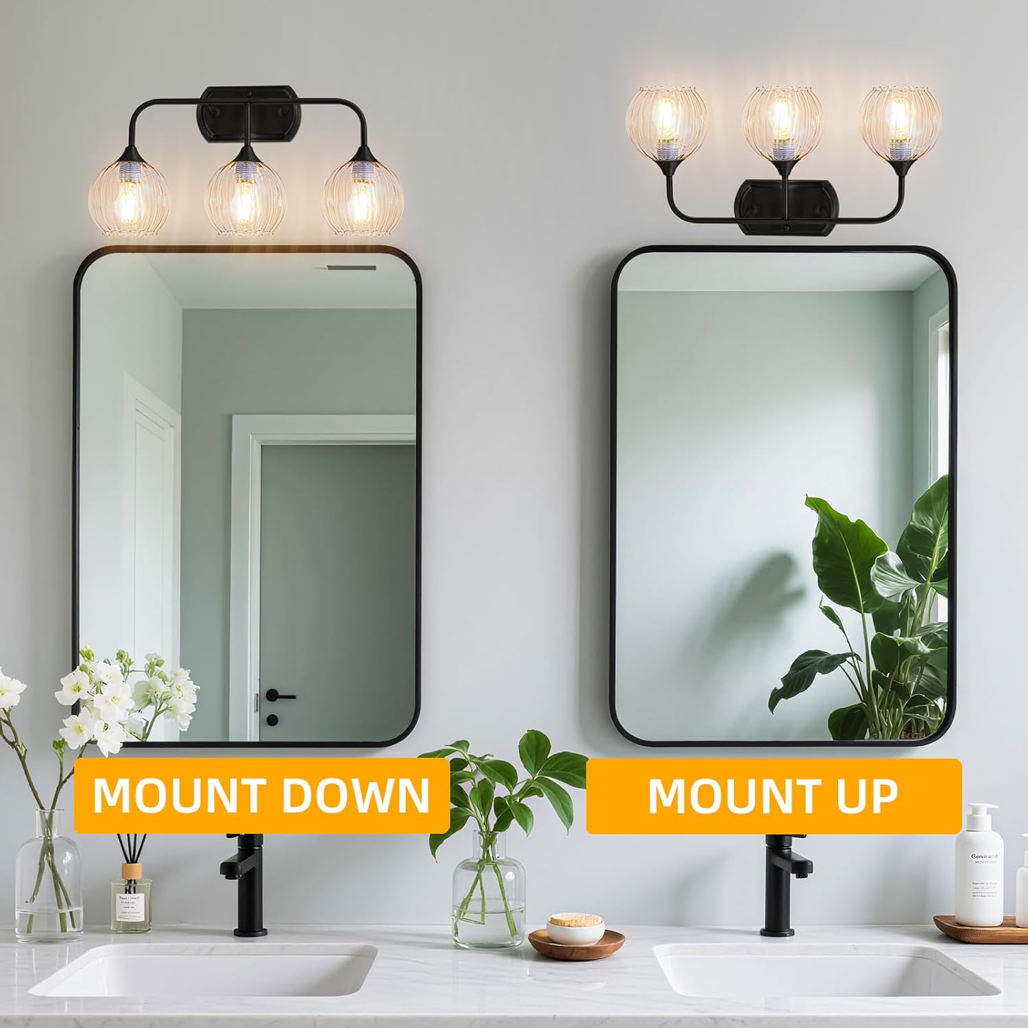 MantoLite Bathroom Vanity Light 3-Light Vanity Lights for Bathroom Fog-Proof & Crystal Shade Modern Wall Sconces Lighting 20'' Wall Lights Matte Black
