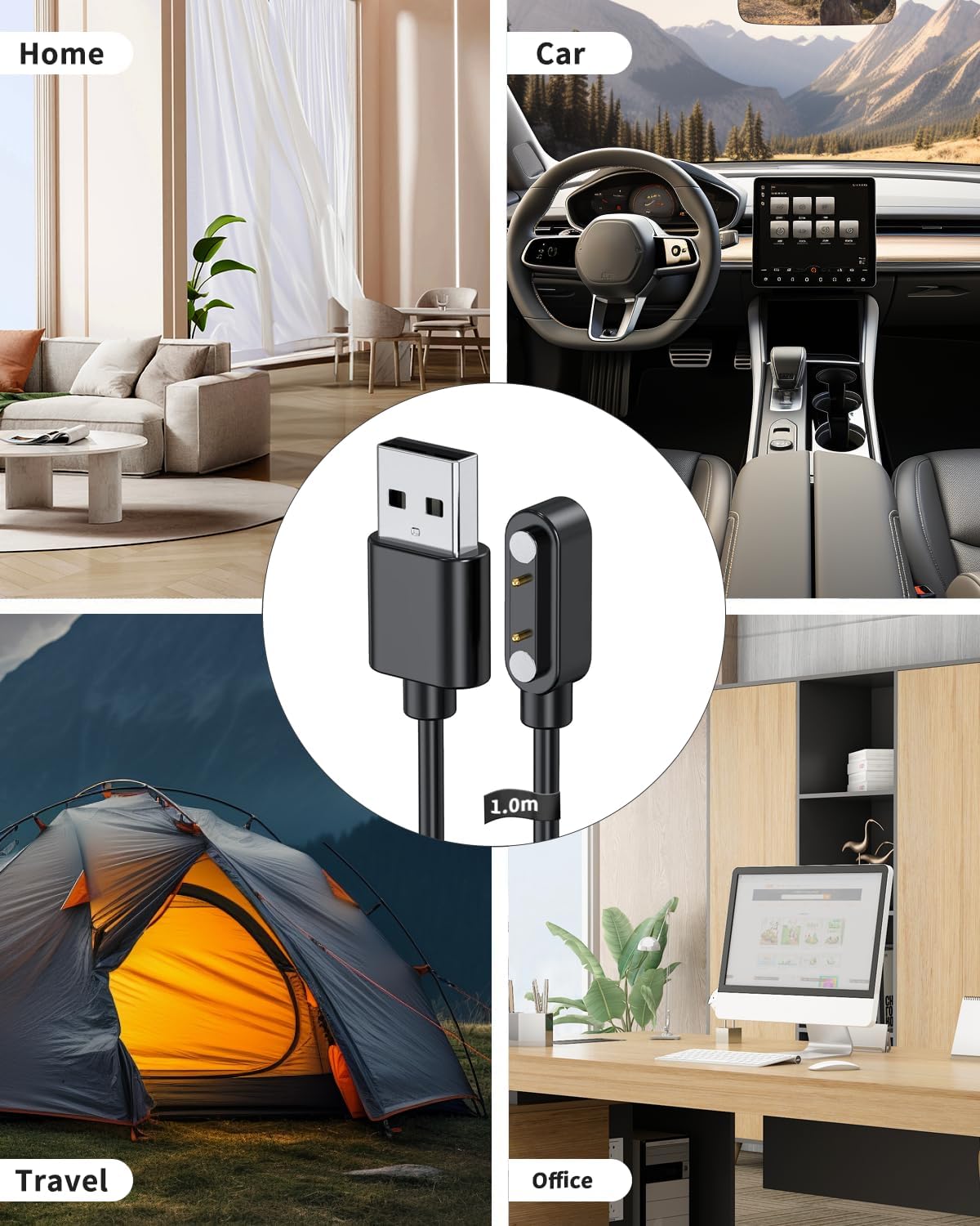 Charging cable used in various environments: home, car, travel, office