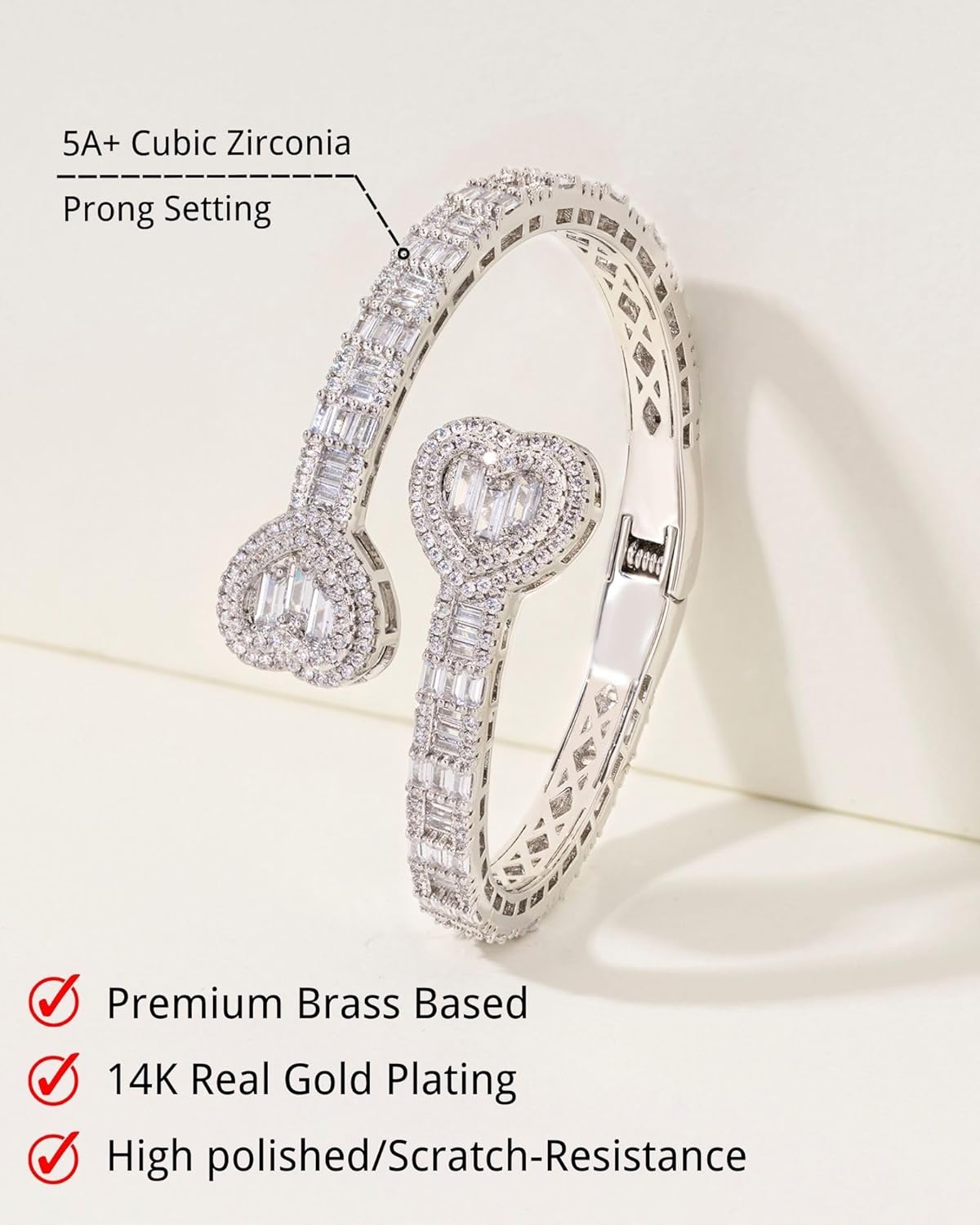 Lulu Mel Iced Out Baguette Diamond Bracelet Jewelry for Women, Hip Hop Mens 14k Gold Silver Plated Cubic Zirconia Bangle Bracelet, Men Heart Cuff Bracelet With Jewelry Box