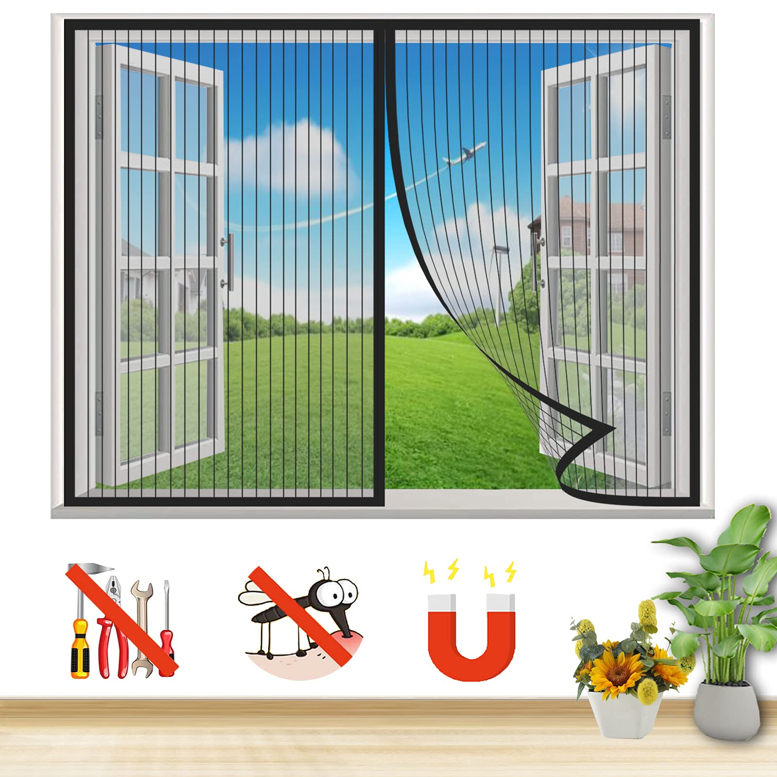 Lrhrhr Black-A Magnetic Fly Screen Window, Heavy Duty Mesh Fly Curtain Close Automatically, For Anti Mosquito Magnetic Soft Door, Install Without Drilling-|| 41X78in(105X200cm)