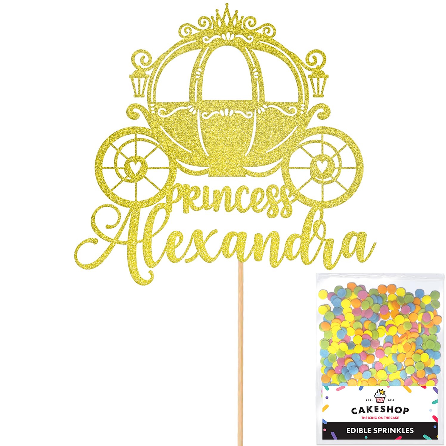 Personalised Princess Carriage Glitter Cake Topper- Champagne Any Custom Name Glitter Cake Decoration and Sprinkles - Happy Birthday Decorations - Personalised Toppers for Cakes by Cakeshop — image 1