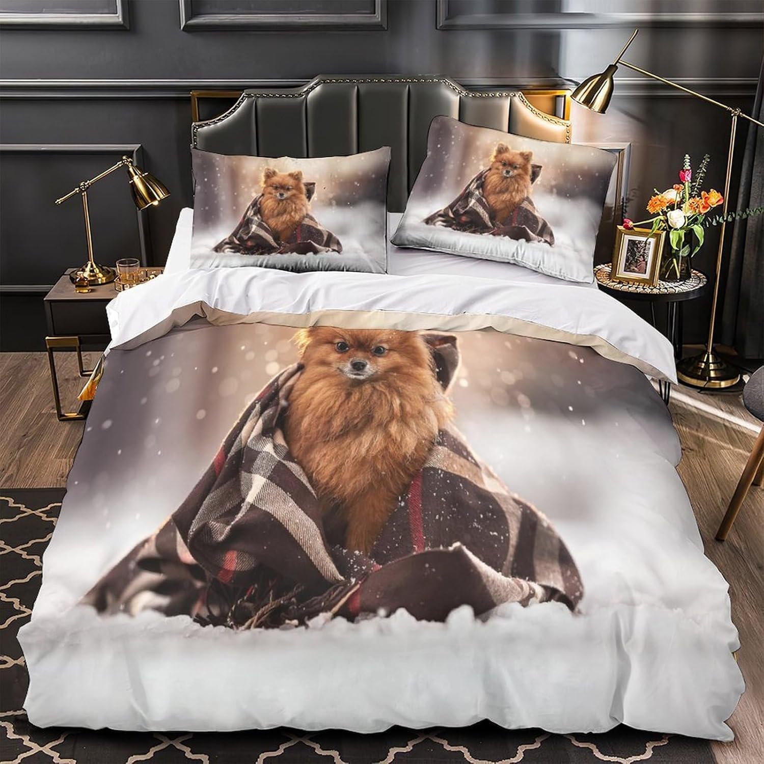 Housse de couette 140x200 spitz nain imprimée 3D chiot parure de lit 1 personne