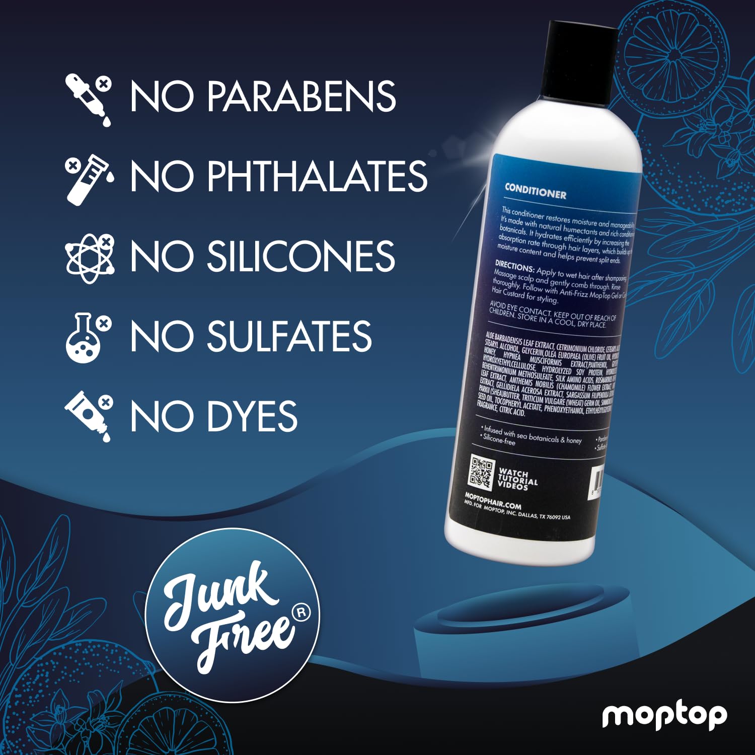MopTop Acondicionador diario de salón para cabello seco, grueso, ondulado, rizado y rizado, tratado con color y natural, hecho con aloe y miel, reduce el crecimiento, aumenta la humedad, manejabilidad