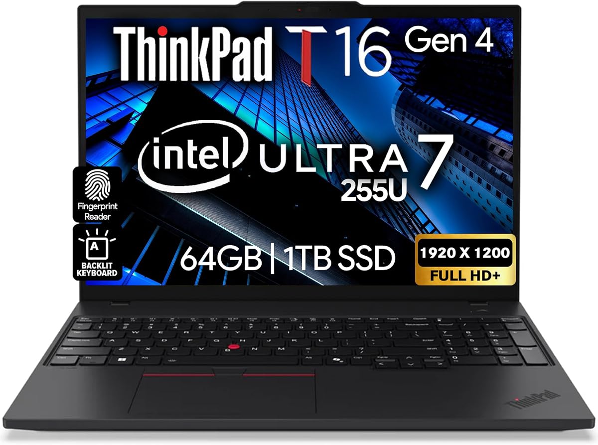 Lenovo ThinkPad T16 Gen 4 AI Business Laptop pantalla FHD+ de 16", Intel Ultra 7 255U (Beats i7-1355U), 64GB DDR5 RAM, 1TB SSD, cámara web de 5MB, huella digital, KB retroiluminado, WiFi 6E + BT, RJ-45, HDMI, Win 11 Pro