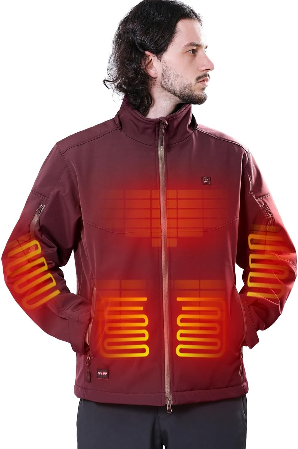 DEWBU Soft Shell Heated Jacket for Men with 12V Battery Pack and Detachable Hood Outdoor Electric Heating Coat