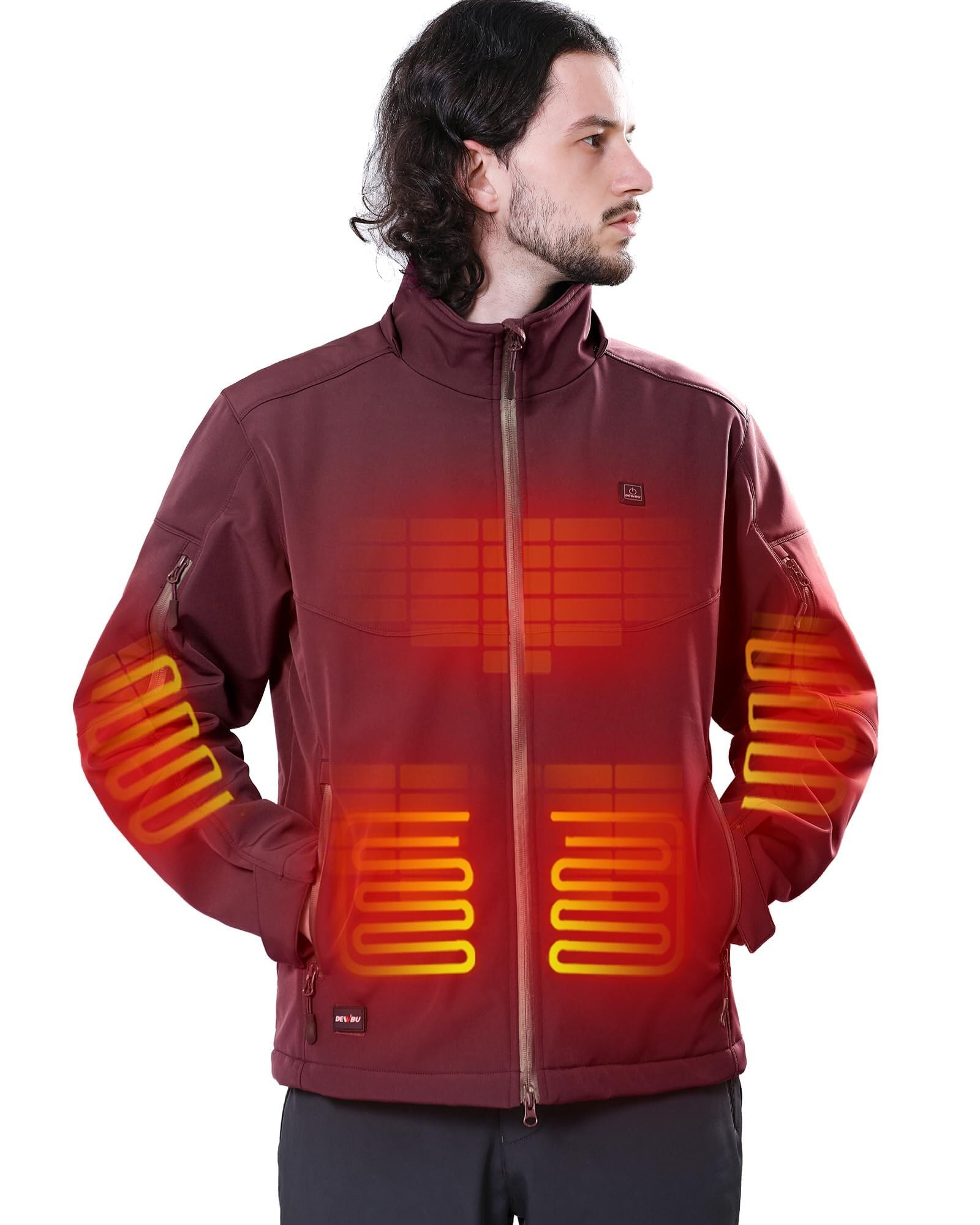 DEWBU Soft Shell Heated Jacket for Men with 12V Battery Pack and Detachable Hood Outdoor Electric Heating Coat