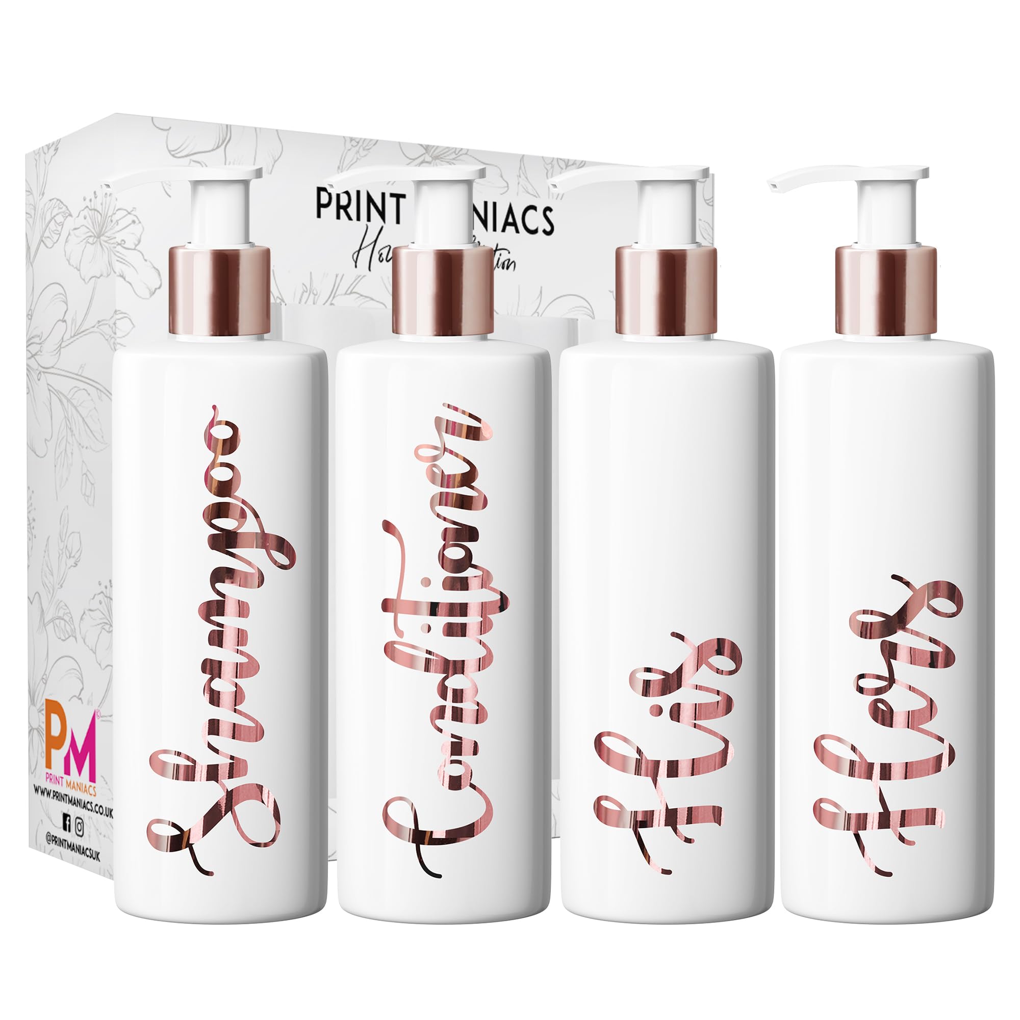 Print Maniacs White Mrs Hinch Inspired Personalised 500ml Bottles Bathroom Lotion Kitchen Shampoo Conditioner Rose Gold Pump (Set 4 His Hers) (Rose Gold)