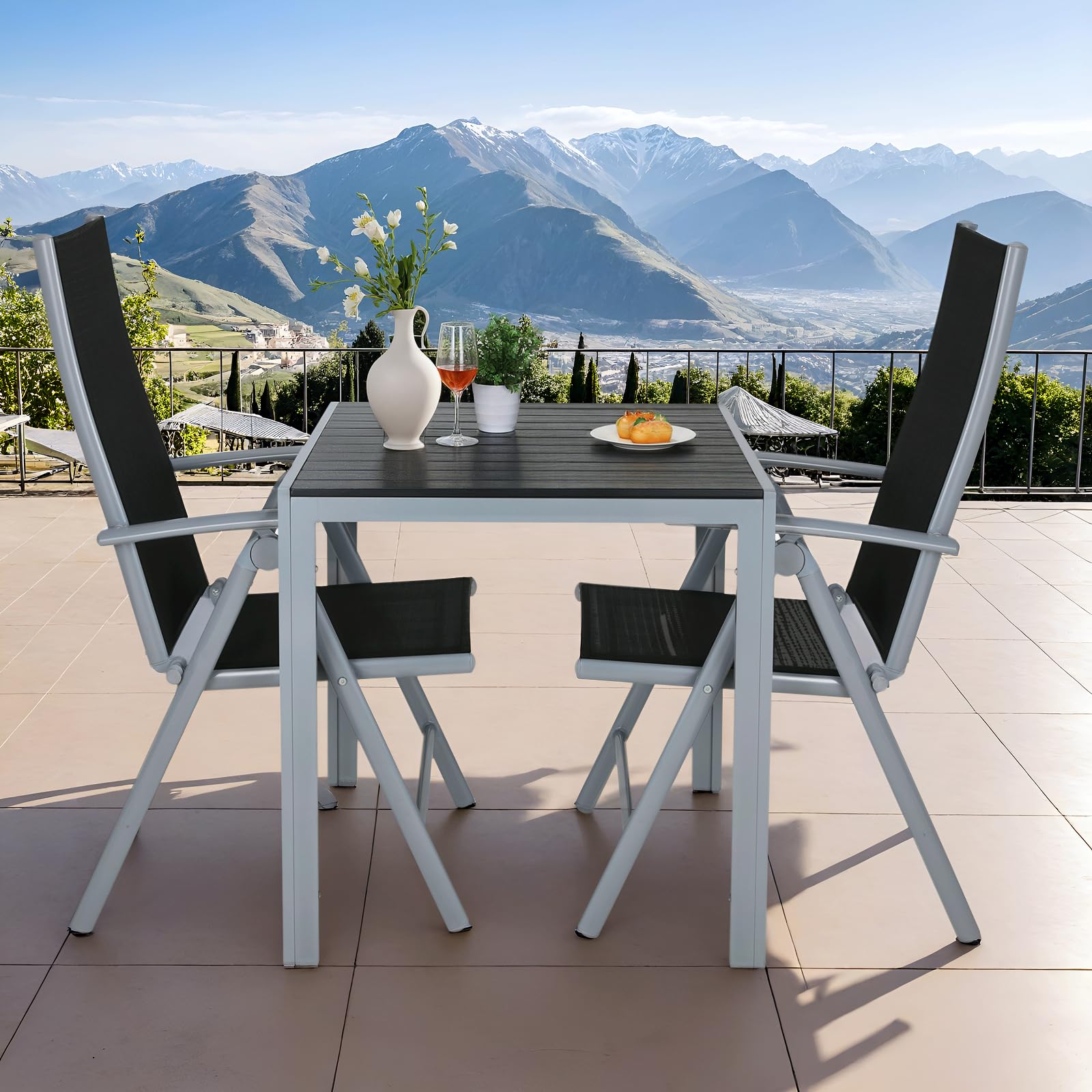 Clevich Gartentisch Wetterfeste, 75x75cm, Outdoor-Esstisch, WPC-Balkontisch, Aluminiumrahmen, Wetterfeste Gartenmöbel, quadratischer Terrassentisch, Silber Grau