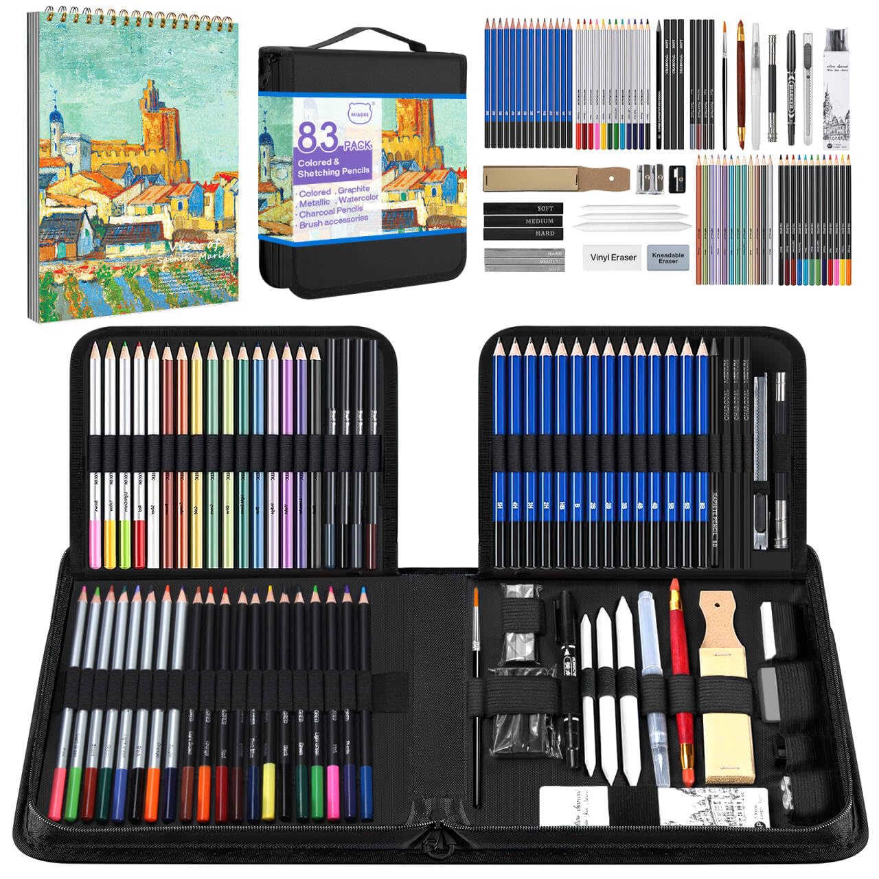 MIAOKE Set da Disegno da 83 Pezzi con Album Da Disegno, Include Album Da Disegno, Matite In Grafite, Carboncino, Acquerelli E Matite Colorate Metallizzate, Adatto Ad Artisti E Principianti