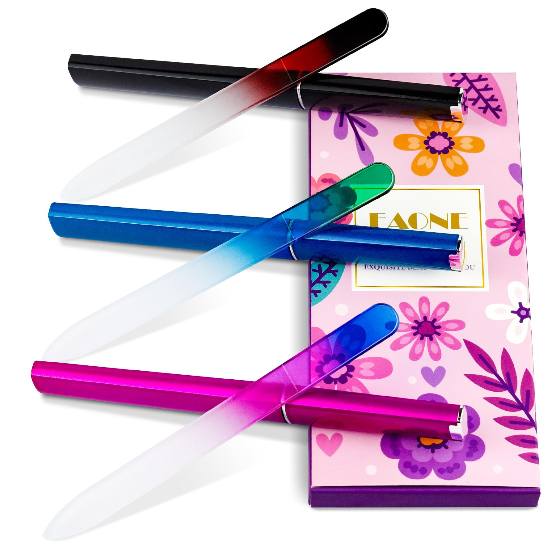 EAONE3 Pack Glass Nail File, Crystal Nail Files with Case Gradient Mix Color, Double Sided Etched Filing Surface Finger Nail Files, Professional Manicure Nail Care Czech Glass File