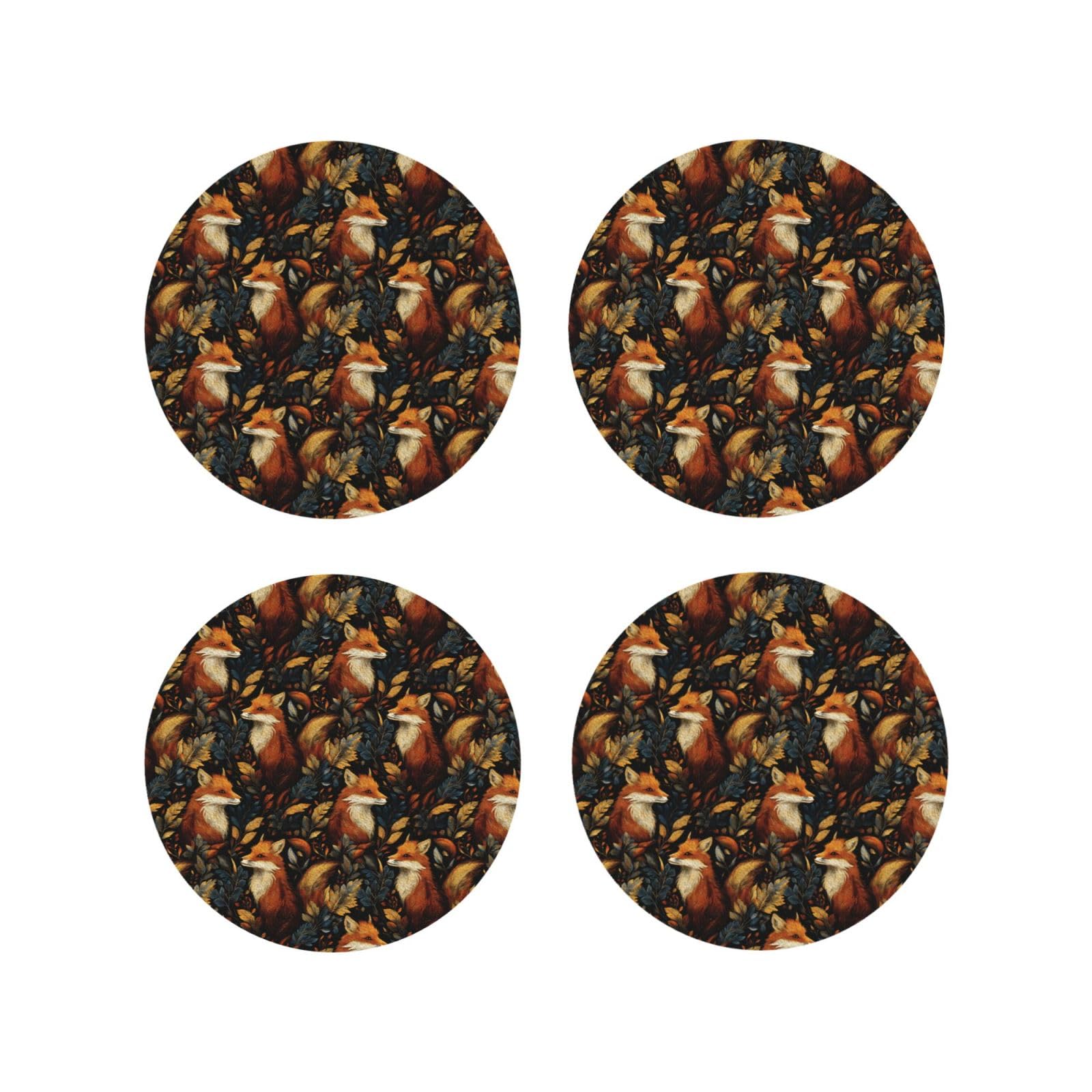 Leather Coasters Set of 4 - Retro Fox Print Lightweight Drink Coasters for Desk
