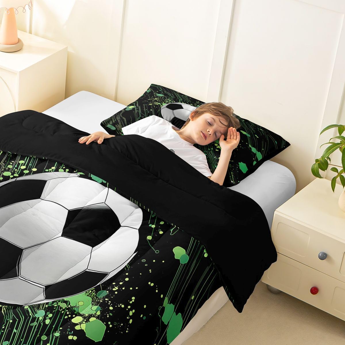 Erosebridal Soccer Bedding Toddler,Football Comforter Set Cool Sports Game Bed Sets Hippie Graffiti Style Duvet Insert 2 Pieces