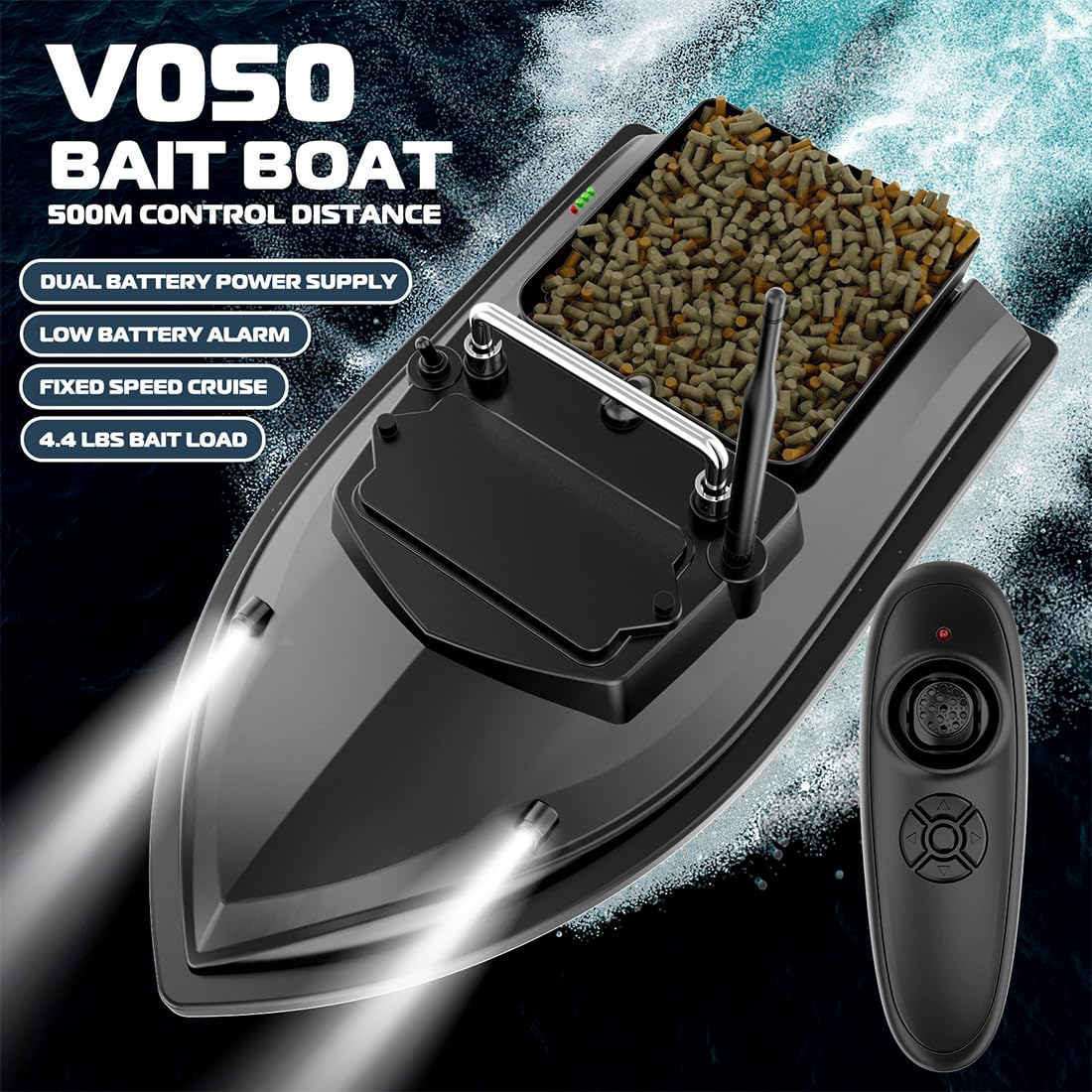 Barco de cebo RC para pesca de carpa, distancia de control remoto de 500 m con tolvas de cebo y luces, juguetes ideales y regalos para adultos
