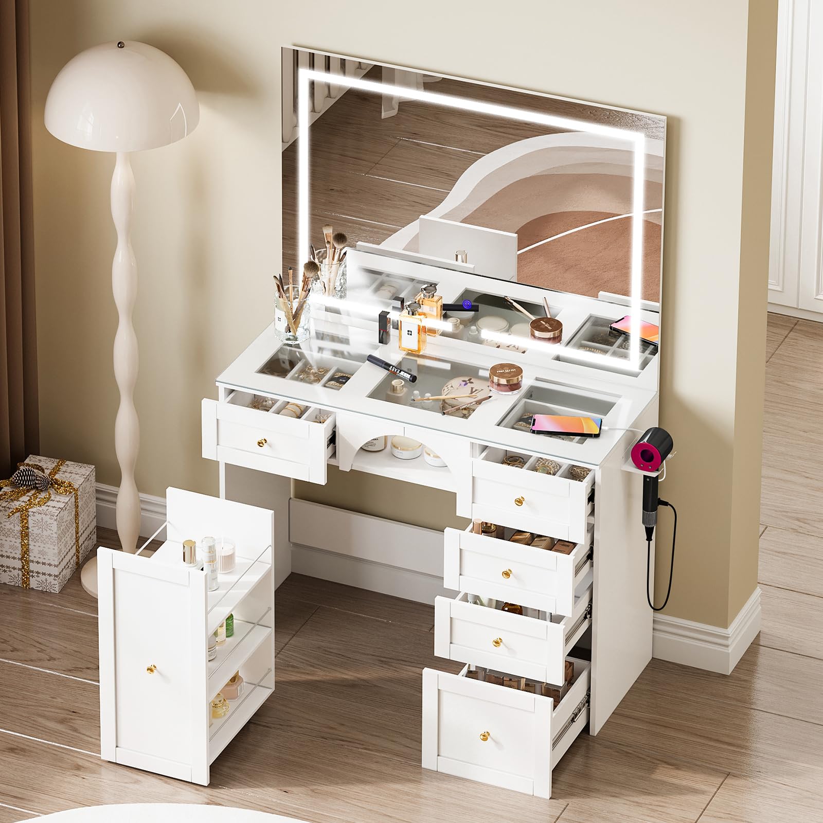 Hadwin Dressing Table with Mirror and LED Lights, Vanity Desk with 5 Drawers, Jewellery Storage, Charging Station, Transparent Tempered Glass Tabletop Makeup Desk for Bedroom, White
