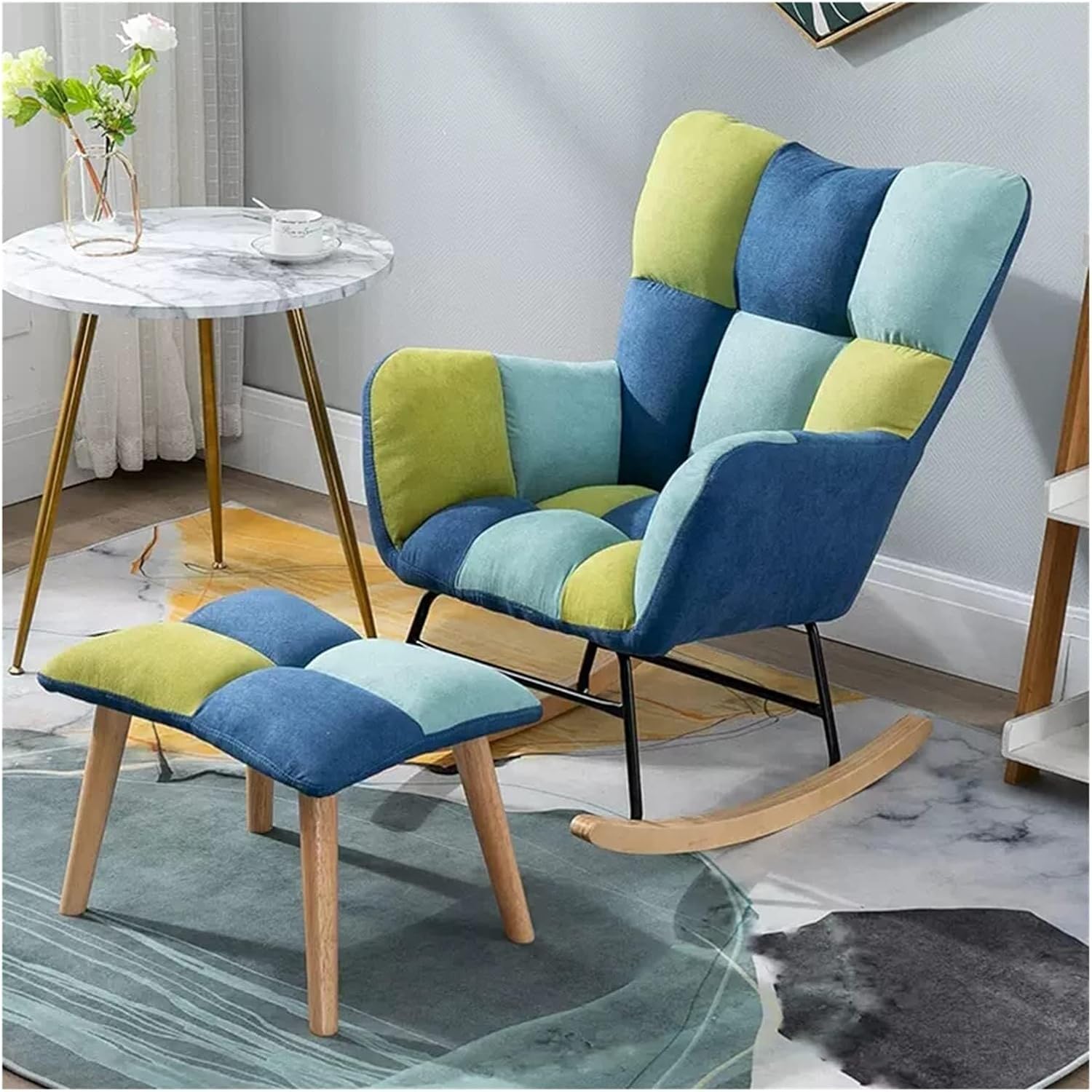 DIROVO Modern Rocking Chair Rocker Glider Chair with Ottoman,Comfy Uplostered Accent Chair with High Backrest and Armrests,Comfy Living Room Chair(Blue-2)