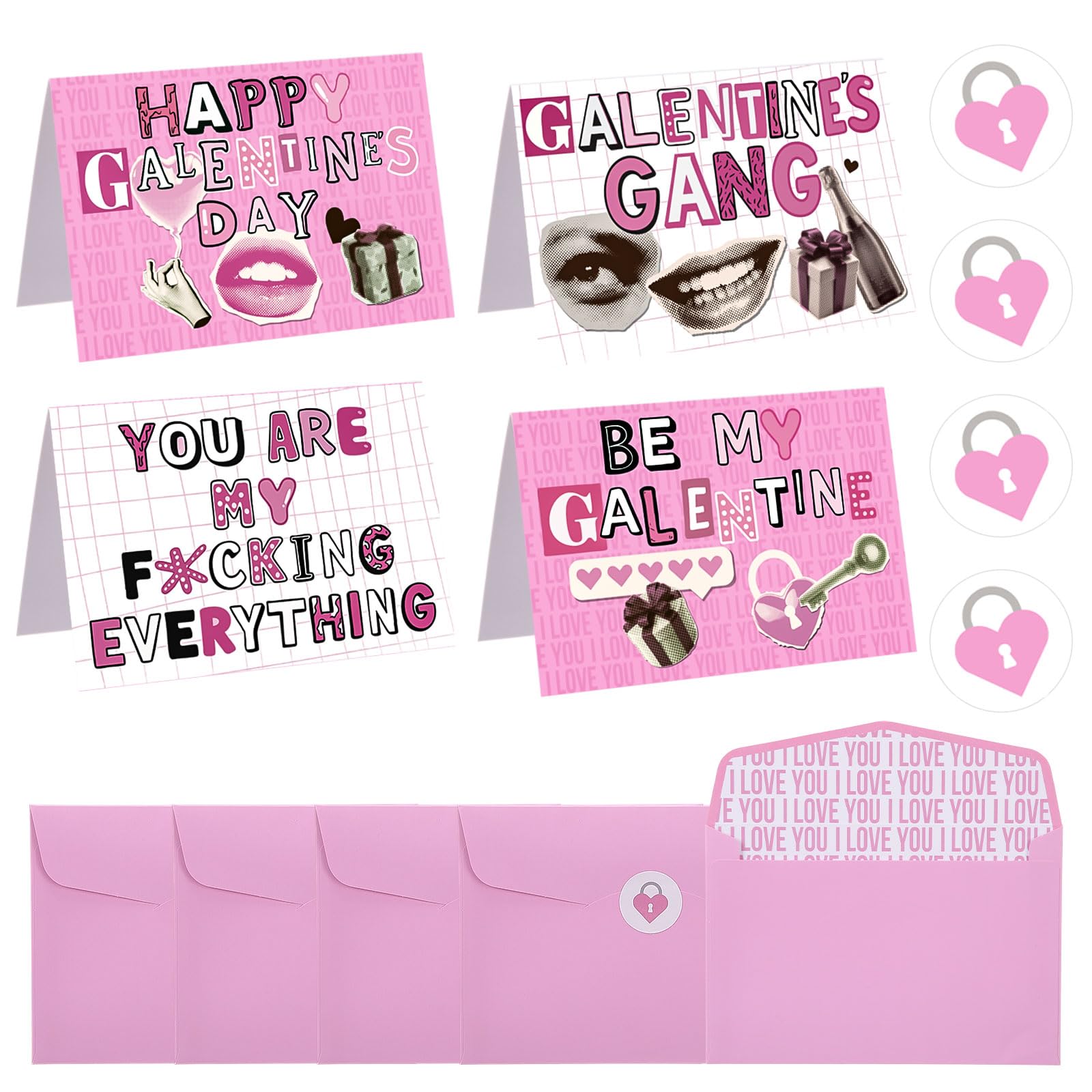 Kosiz 12 Pcs Galentine's Day Greeting Cards Set with Envelopes & Heart Stickers Galentine's Day Friendship Cards BFF Gifts Pink Retro for Women Valentine Party Favors