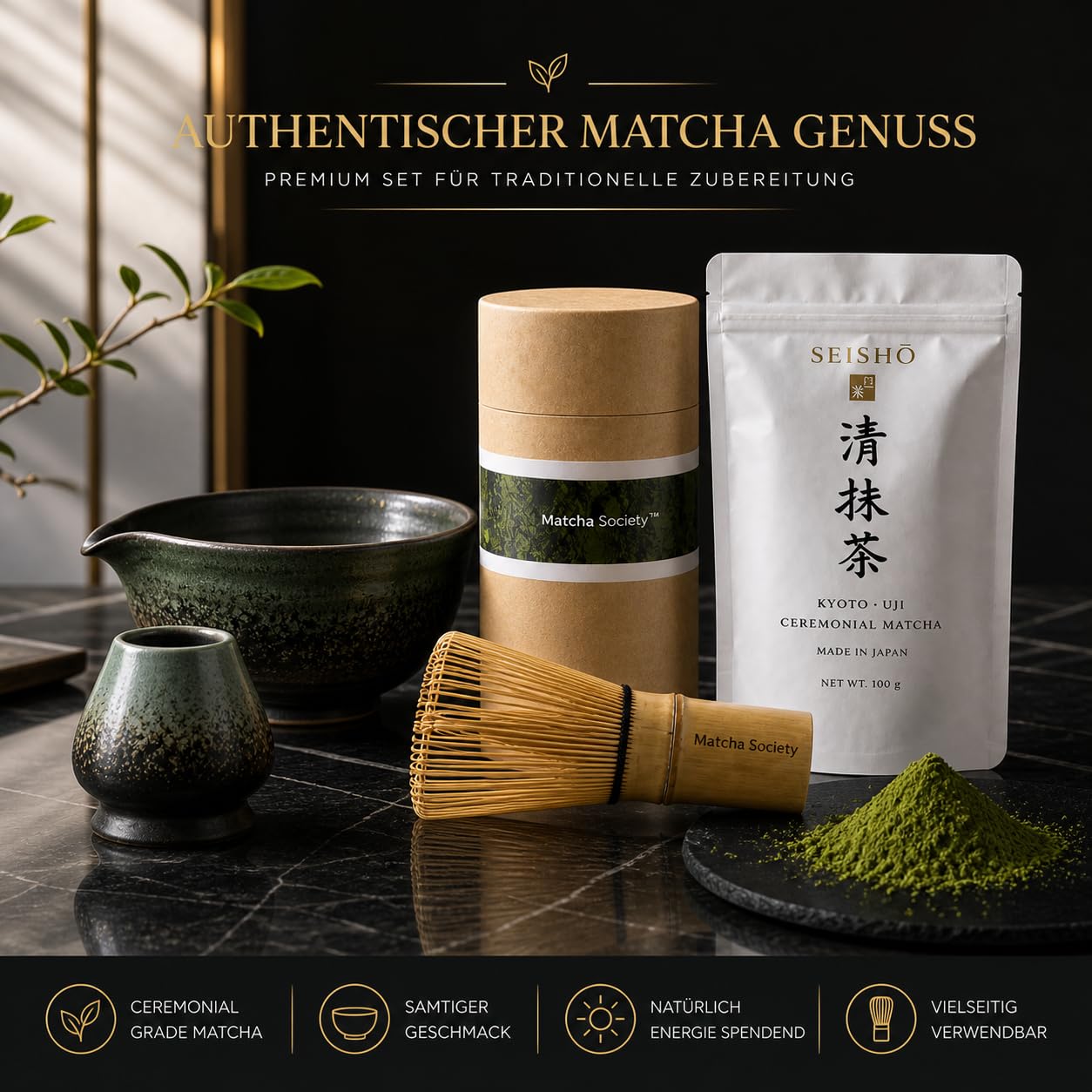SEISHŌ Ceremonial Matcha 100g Set – Premium Matcha aus Japan (Uji Kyoto) Zubehör (Bambusbesen, Schale & Zubehör) – Komplettes Starter Set