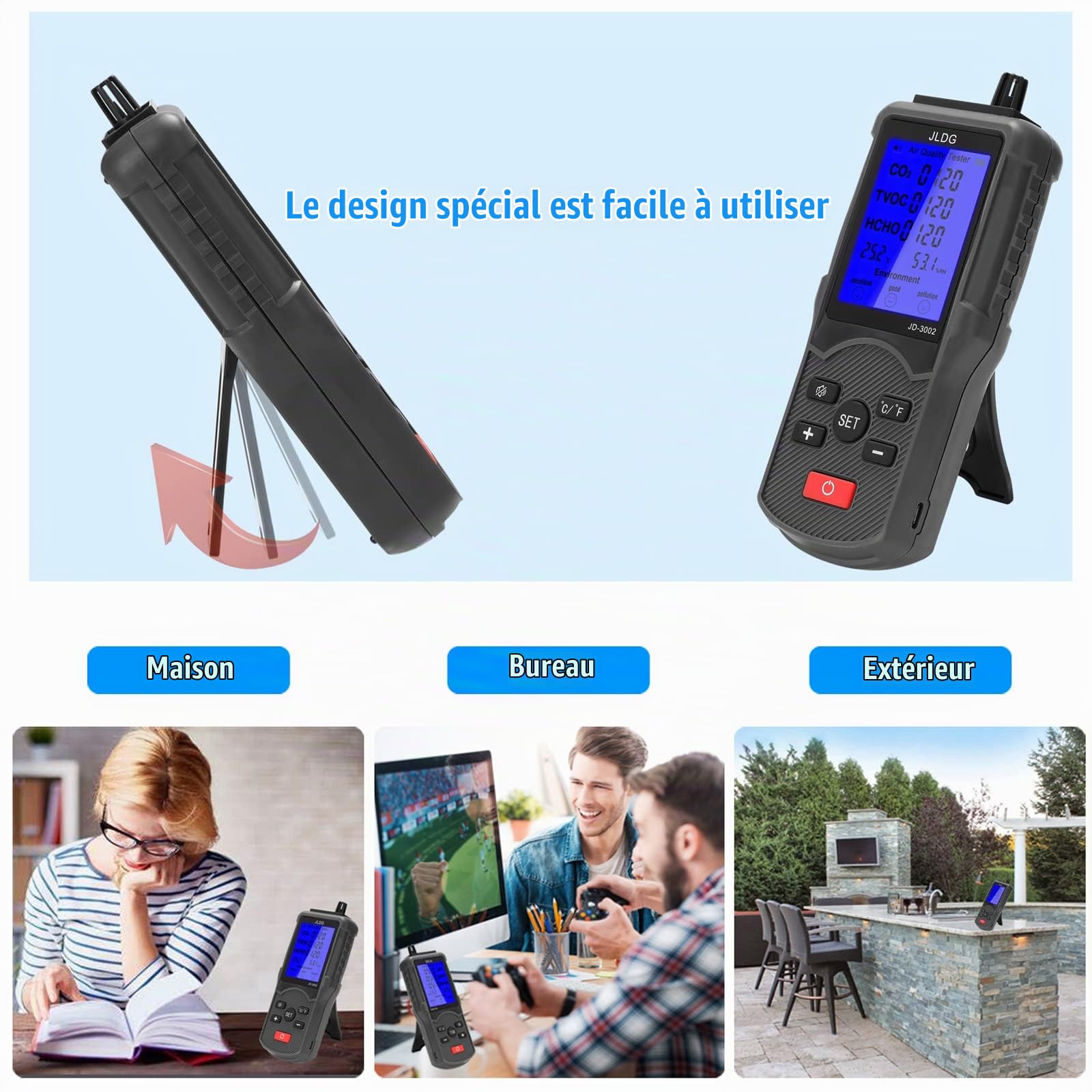 Moniteur de qualité de l'air 8 en 1, testeur Multifonction CO2 TVOC, Moniteur de température et d'humidité