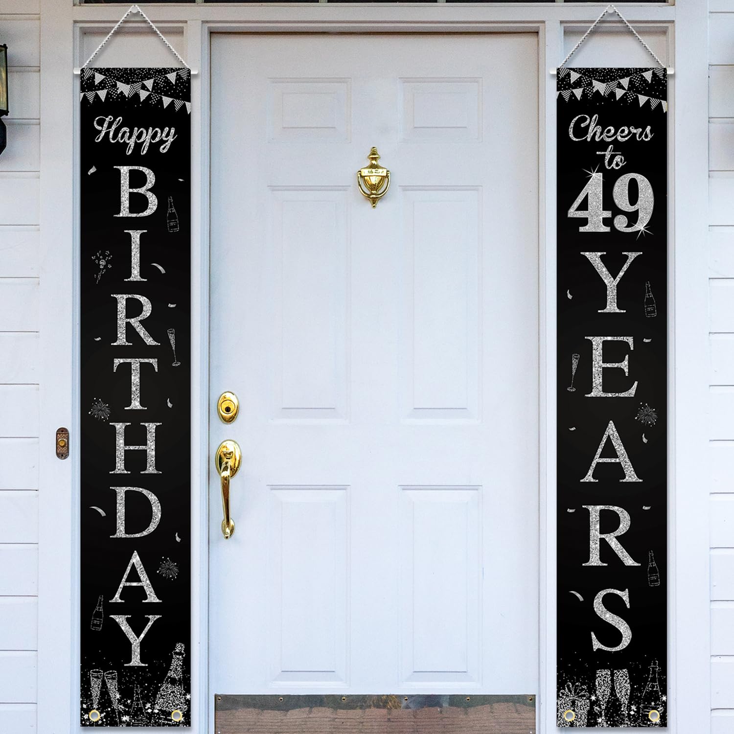 Happy 49th Birthday Door Banner Porch Sign Silver Black, Cheers to 49 Years Birthday Party Decorations Supplies for Men Women