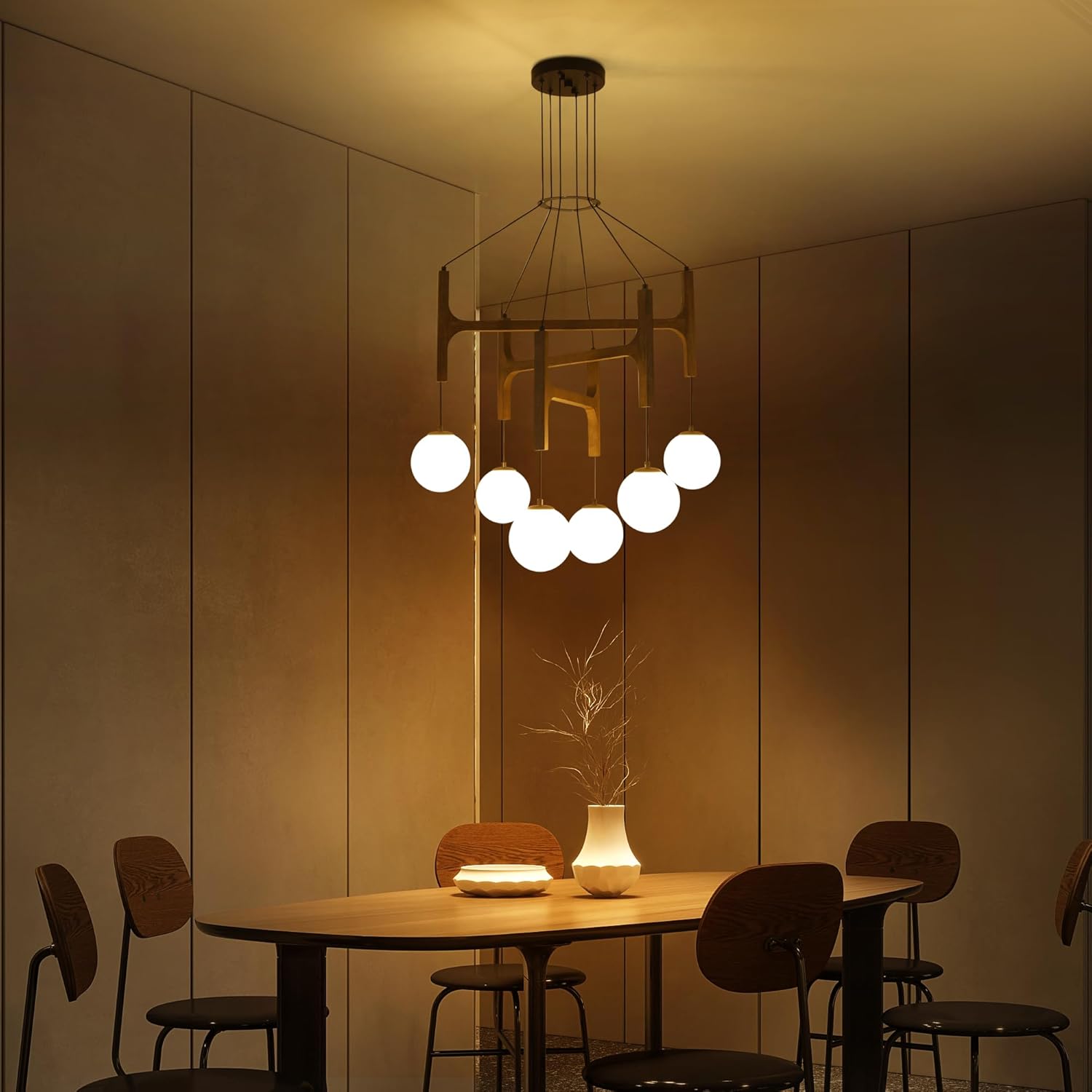 Farmhouse Wood Chandeliers,Large 6-Lights Rustic Pendant Light,Hanging Dining Room Light Fixtures Over Table,Mid Century Chandelier with Milk Glass Globe Shades for High Ceiling Foyer Entryway