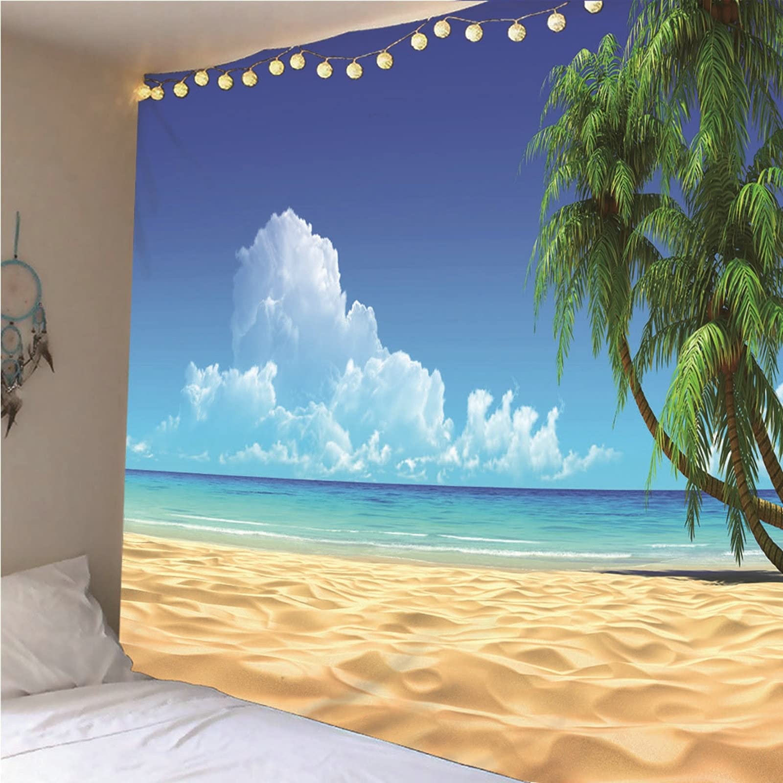 Aeici Tapiz Tela Muro Playa, Tapices Pequeños Pared Tapiz Playa Coconut Tree Océano Cielo- Azul Verde, 300x260CM