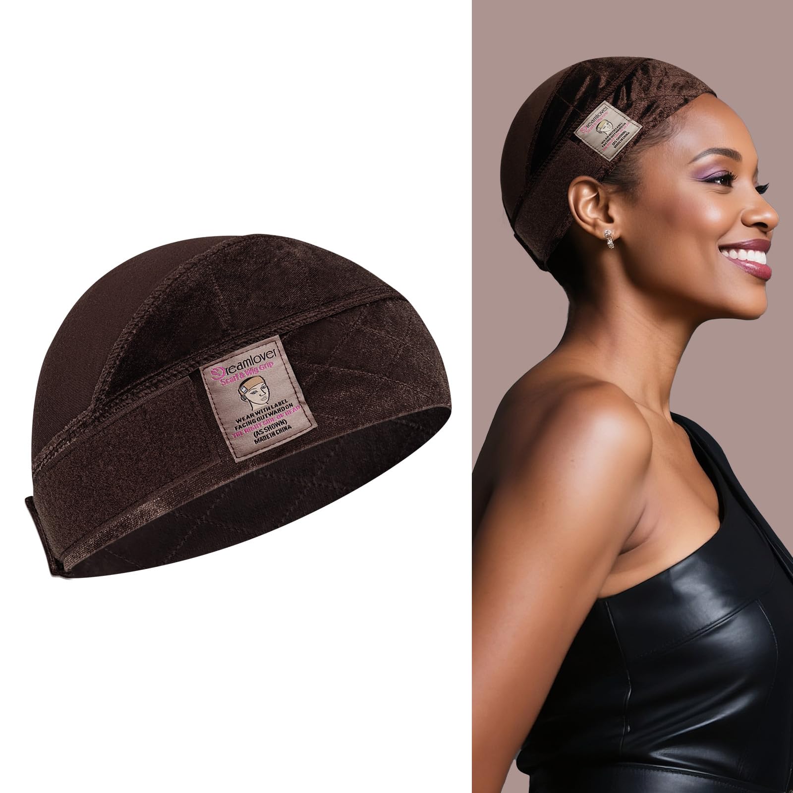 Dreamlover Wide Wig Grip Cap for Glueless Wigs 2-in-1 Dark Brown Wig Caps with Adjustable Wig Grip Bands, 1 Piece