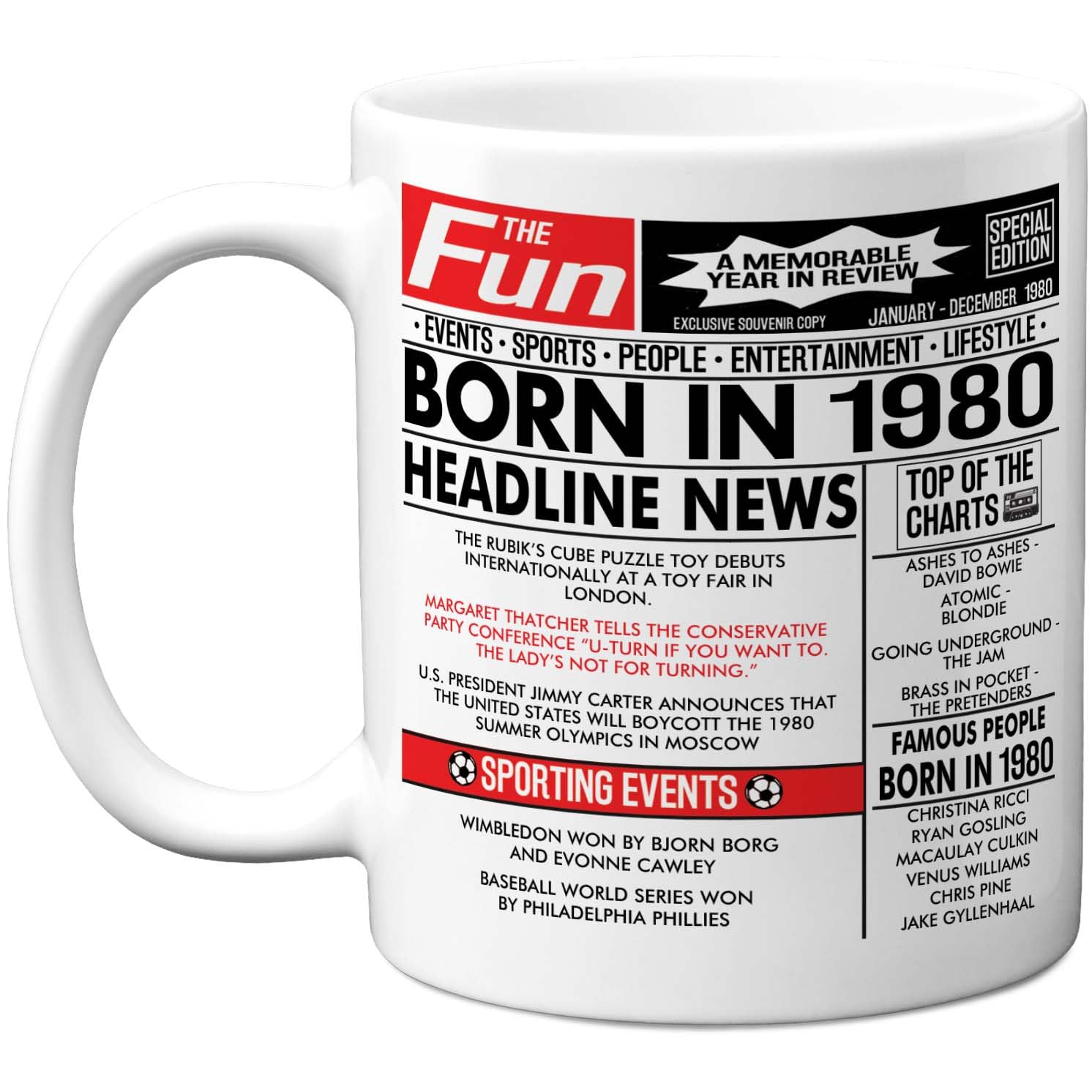 Stuff4 46th Birthday Mug Gift for Men Women - Born in 1980 Newspaper - Happy 46 Birthday Gifts for Mum Dad Uncle Aunt Vintage Retro Back in 1980 Age 46 Bday, 11oz Ceramic Coffee Mugs