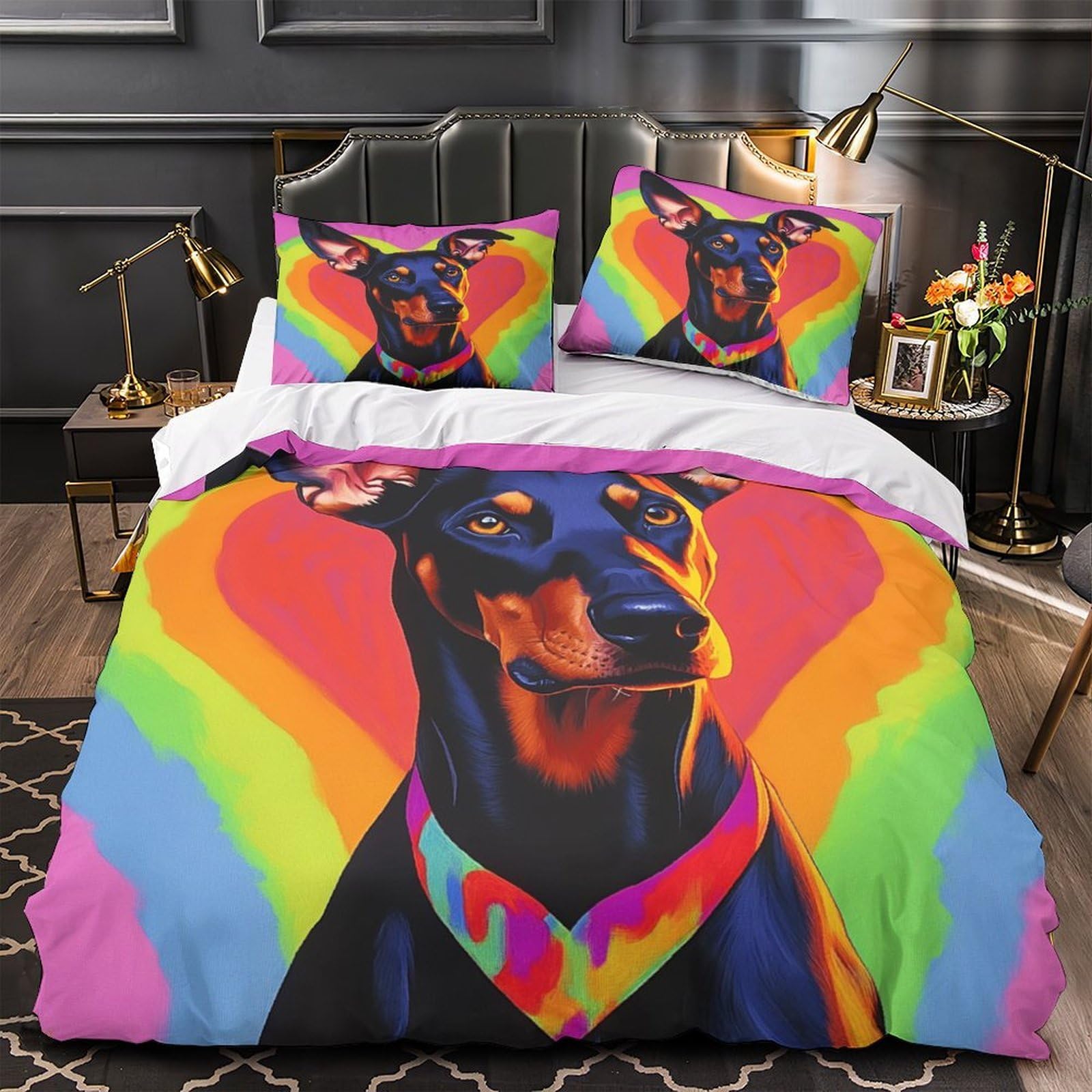 Housse de couette Doberman 3D microfibres drap de couette King pour garçons