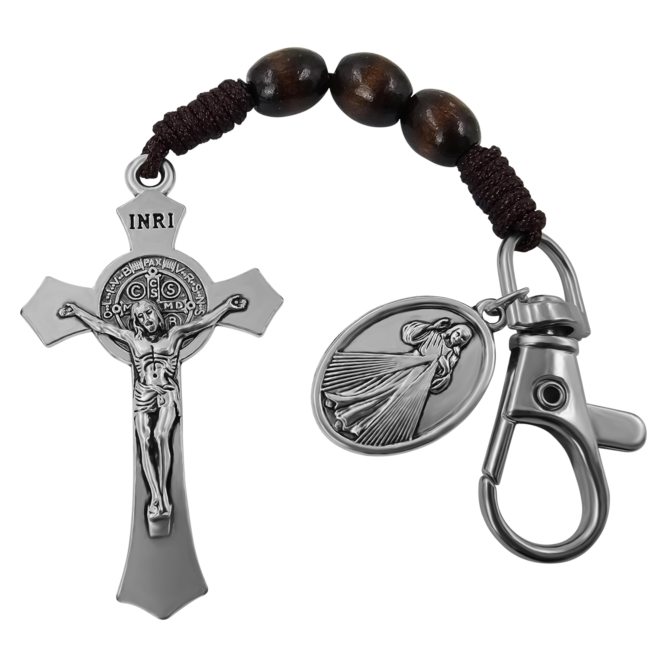 TALISMAN4U Catholic Rosary Keychain for Car St Benedict Cross Divine Mercy Virgin Mary Medal Pocket Rosary Key Chain Religious Accessory Wood Beads