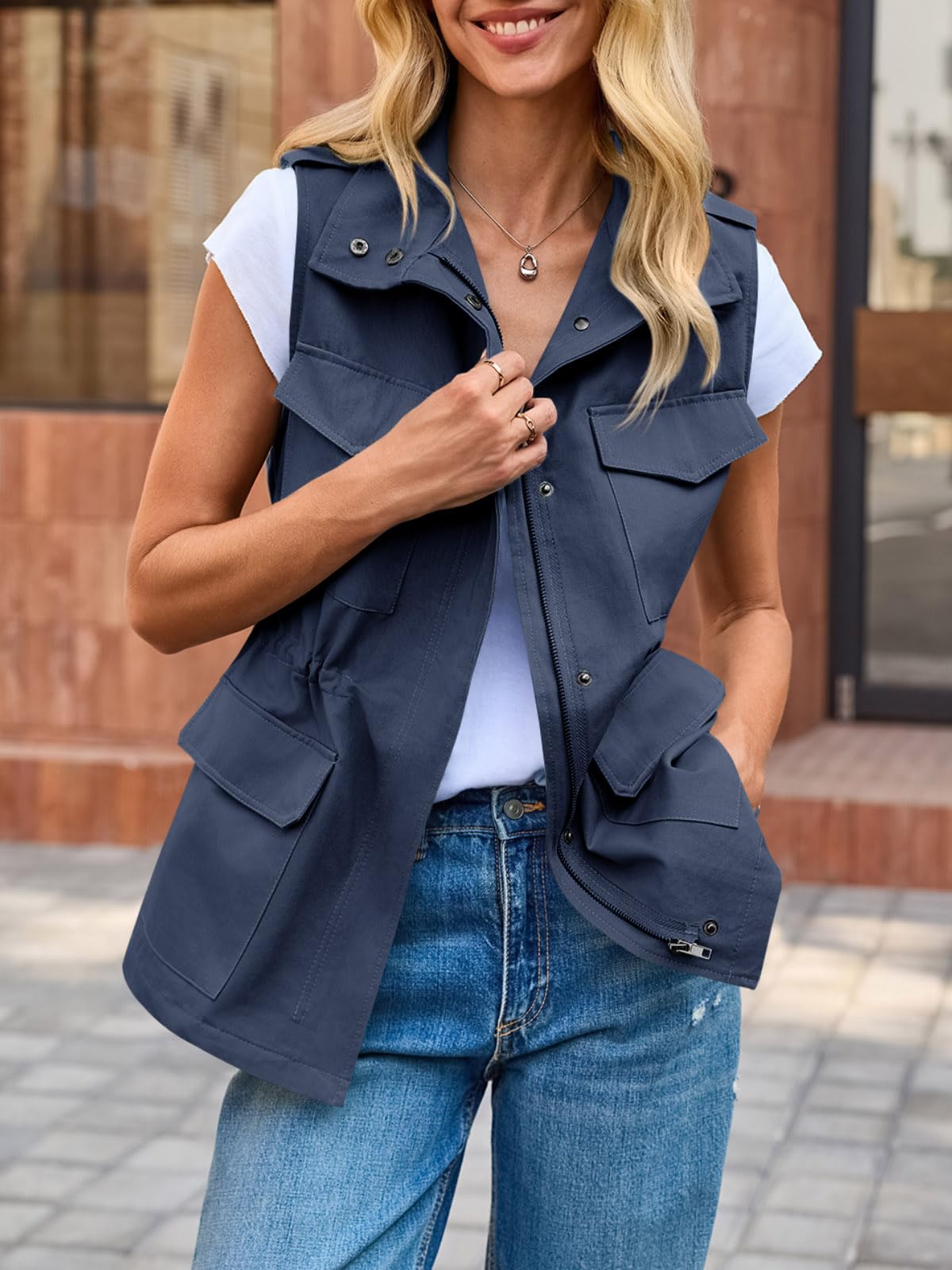 Imily Bela Chaleco cargo sin mangas para mujer, parka de entretiempo, chaqueta corta con bolsillos y cordón, chaleco de primavera y verano, ropa exterior