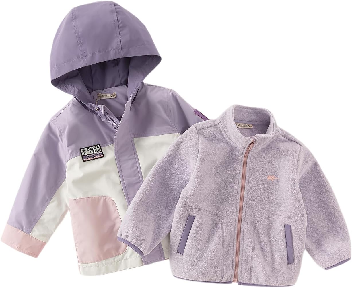 DAVE&BELLA Toddler Boys Girls Windbreaker Jackets, 3 in 1 Patchwork Zip Hooded Kids Outerwear Jacket with Fleece Lining Coat