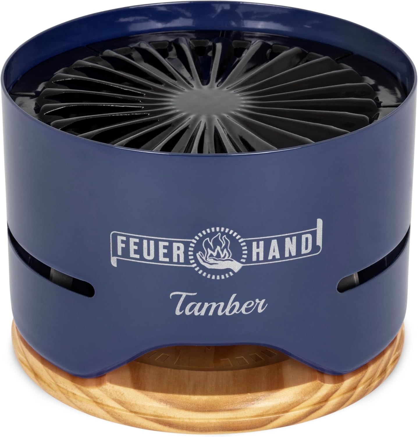 Petromax Feuerhand Tamber Tabletop Charcoal Grill, Powder-Coated Steel for Outdoor Use, Wood Lid, 7.9 inch diameter, Cobalt Blue