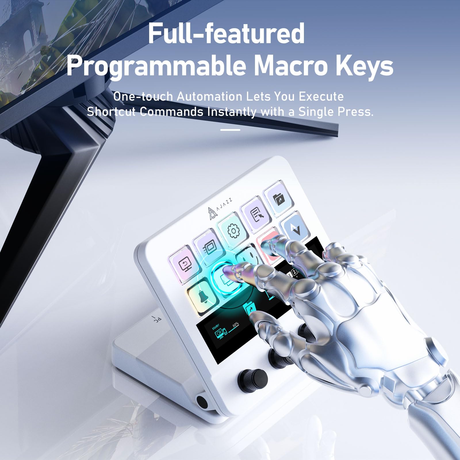 AJAZZ AKP05E - Teclado macro con cable, teclado de acceso directo para juegos con 10 teclas programables y 4 perillas, pantalla táctil personalizable, para YouTube, configuración de oficina de