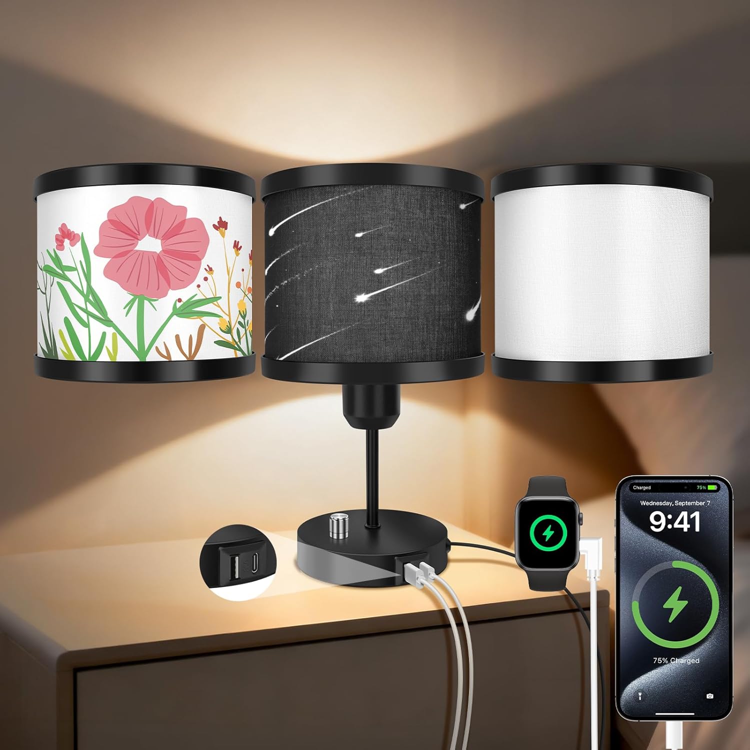 Bedside Table Lamp for Bedroom, Small Bedside Light with USB C and A Ports, Night Lamp with 3 Rotatable Shades, Daylight White Bulb with Dimmable