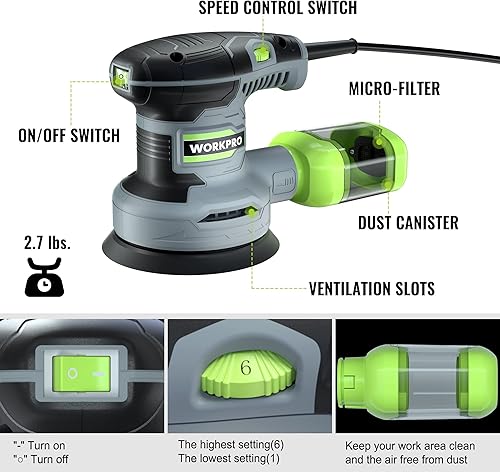 Vista 9 de WORKPRO Lijadora de detalles, lijadora eléctrica compacta de 13,000 OPM con colector de polvo, lijadora eléctrica de 1.6 amperios con 15 piezas