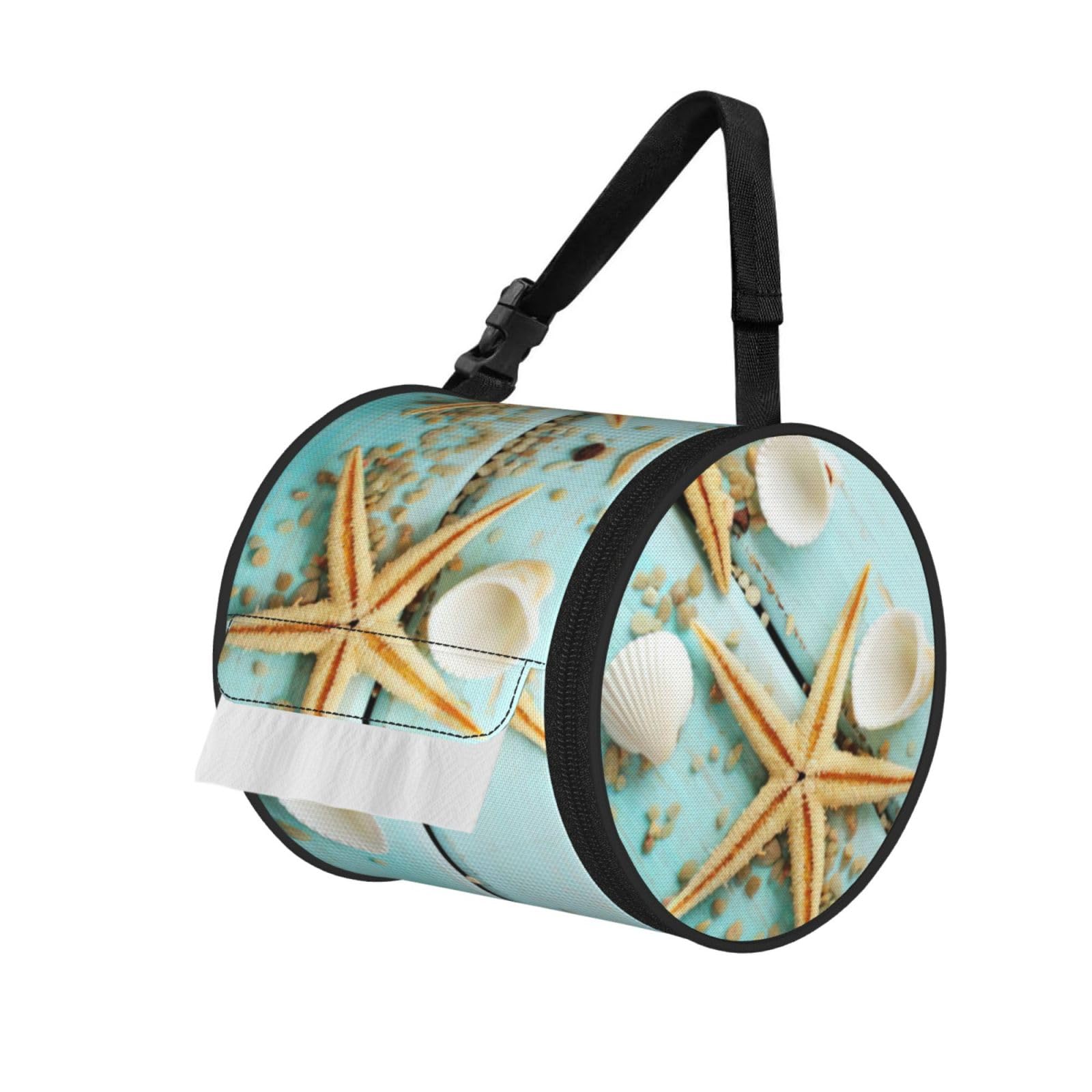 Starfish Shell Blue Wood On Beach Scenery Print Fashion Tissues Organizer Box, Hanging Tissue Holder For Purse Coins For Car Office Daily Outing