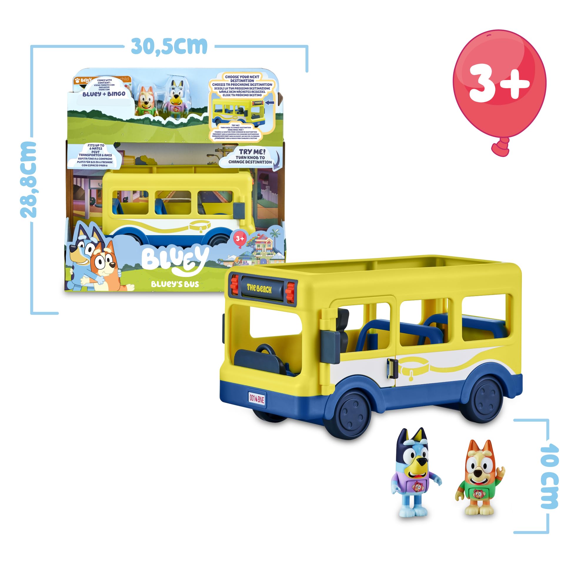 Bluey - School Bus, autobús para el Cole 2 Figuras con Bingo Personajes de la Serie de Dibujos inantil, Cartel con Destino de Ruta Giratorio, niños y niñas + 3 años, Famosa (BLY39010)