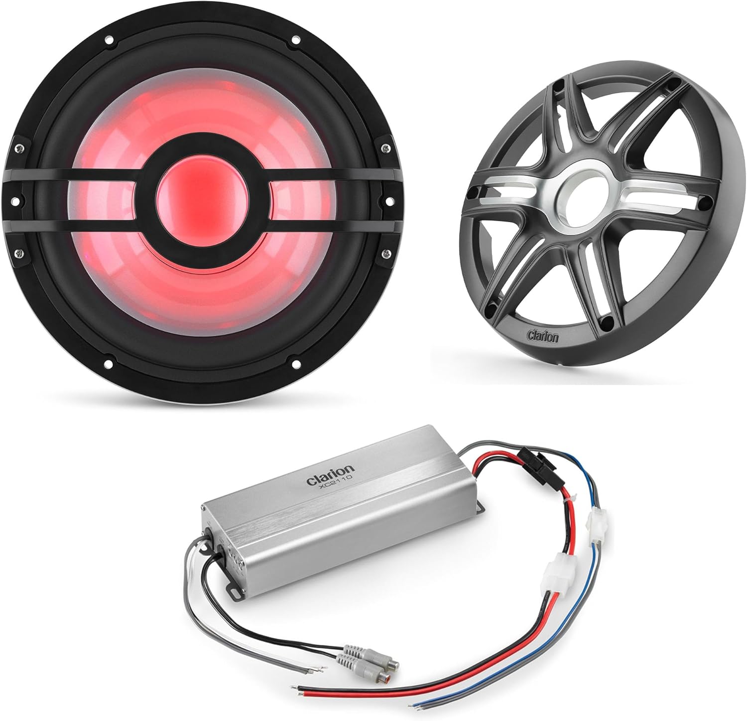 Clarion Marine Bass Bundle - CMSP-101RGB-2 10" RGB LED subwoofer Includes Gunmetal Grill, Marine XC2110 Amplifier