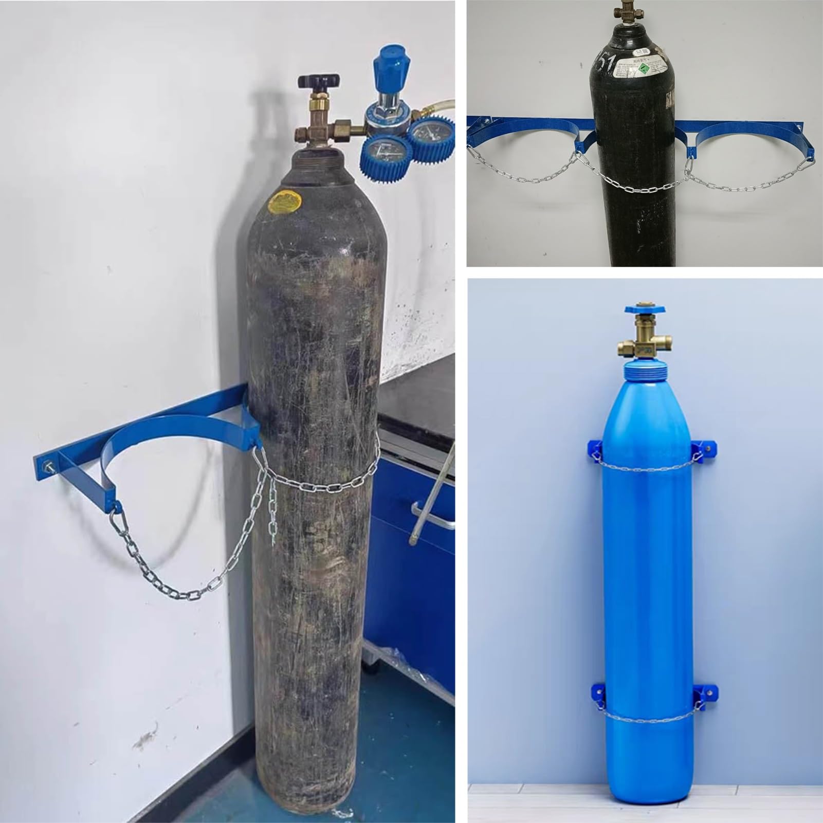 Soportes para Bombonas de Oxígeno Soporte de Pared para Botella de Oxígeno con Cadena de Seguridad y Tornillo, Soporte de Acero para Cilindro de Nitrógeno/ Acetileno/ Propano, Resistente para Tanque d