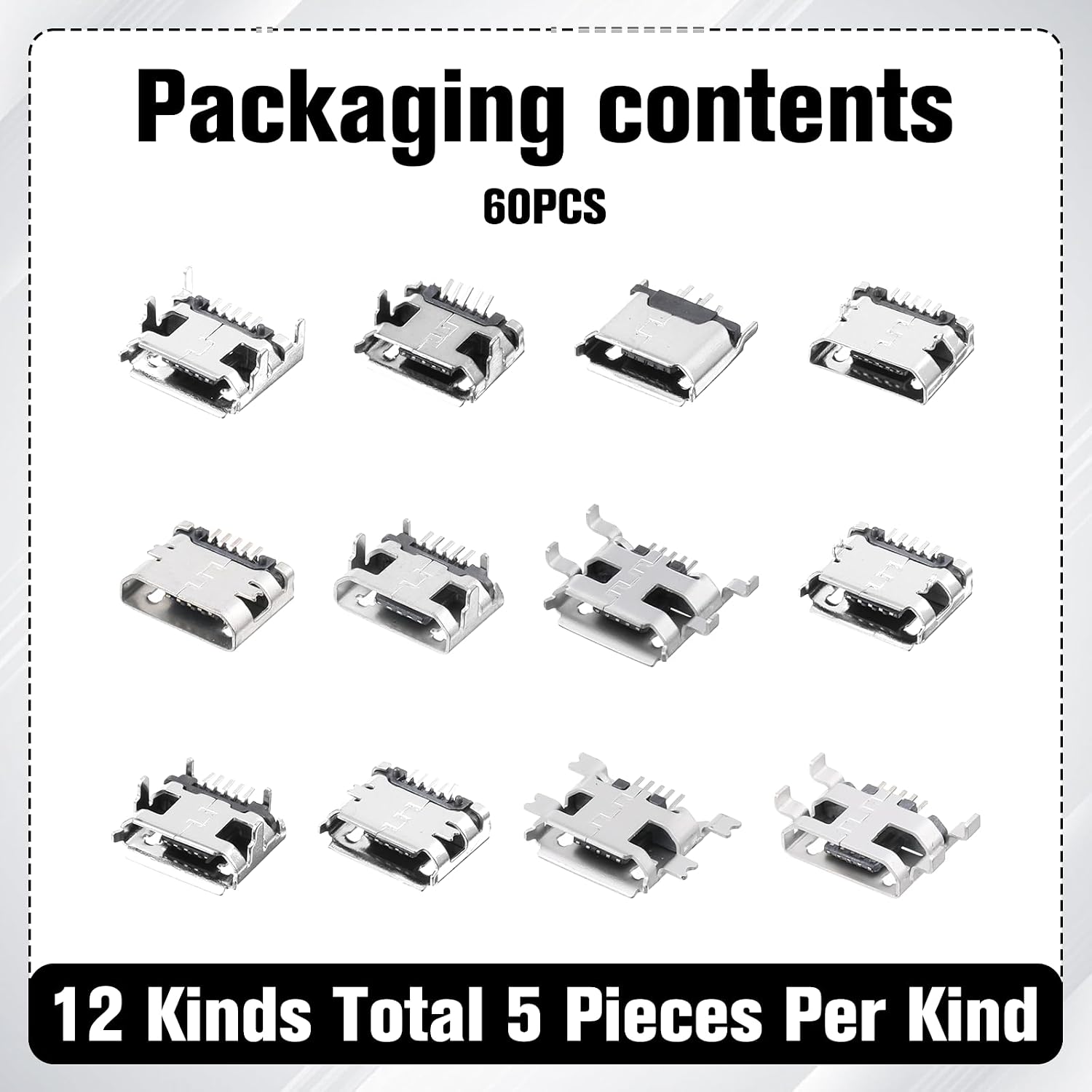 60 Pcs USB C Charger Port Replacement, 12 Models Type-C Female Socket Connector, Solderless SMT PCB Repair Kit with ABS+Copper for Phone Switch Controller