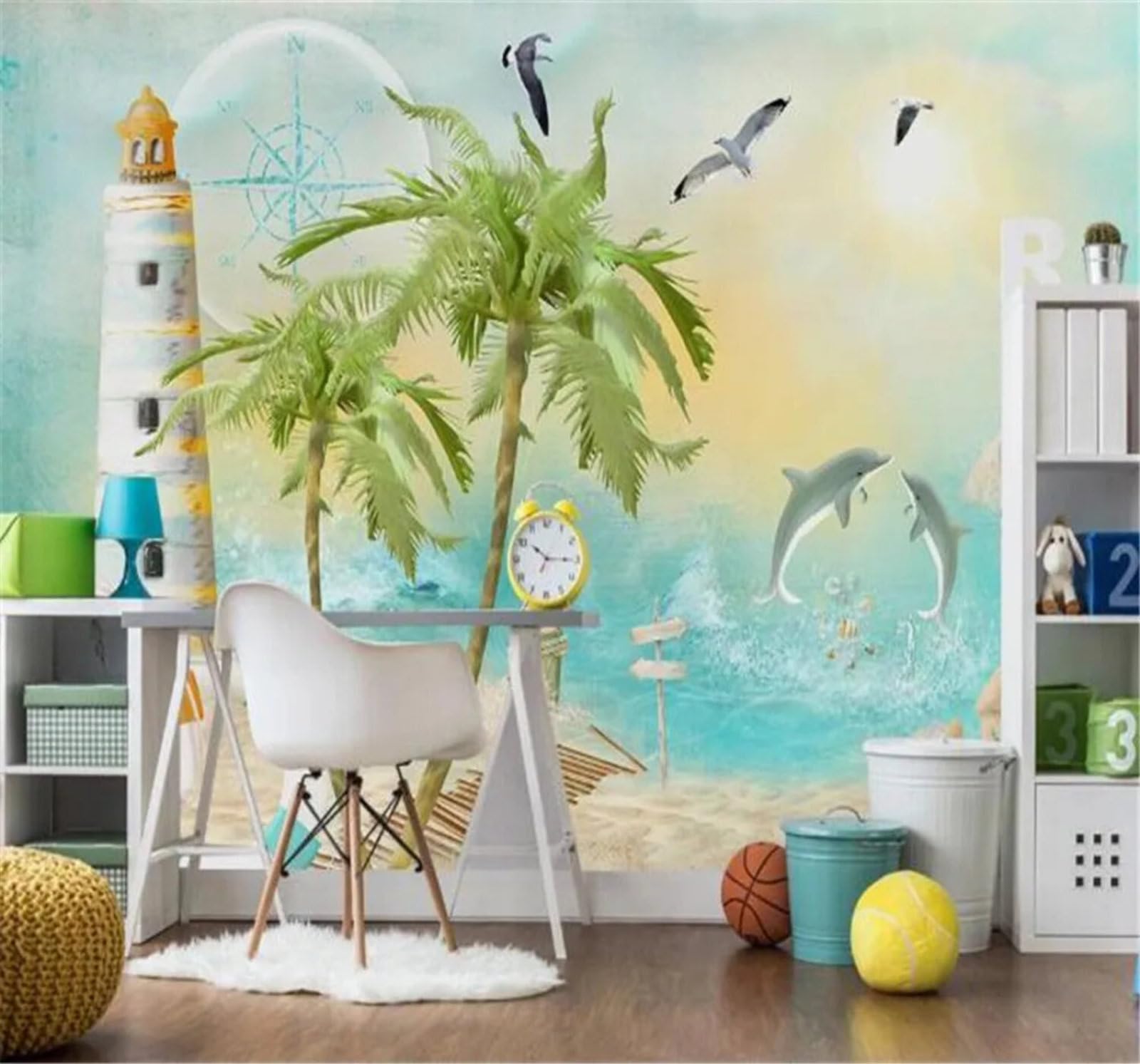Tzxztt 430Cm×300Cm(B×H) Beach Coconut Trees Lighthouses Seagulls Cartoon Modern 3D Wallpaper Premium Textured Silk Neutral Tones Material Ideal For Living Room Bedroom-430Cm×300Cm