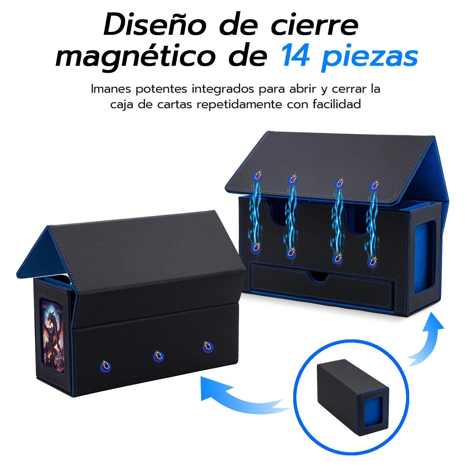 Caja De Tarjetas De Doble Capa para MTG, con Cajón De Dados, 2 Ventanas Laterales, Caja De Cubierta Magnética con Capacidad para Más De 300 Tarjetas para Tarjetas Commander TCG - Azul Negro